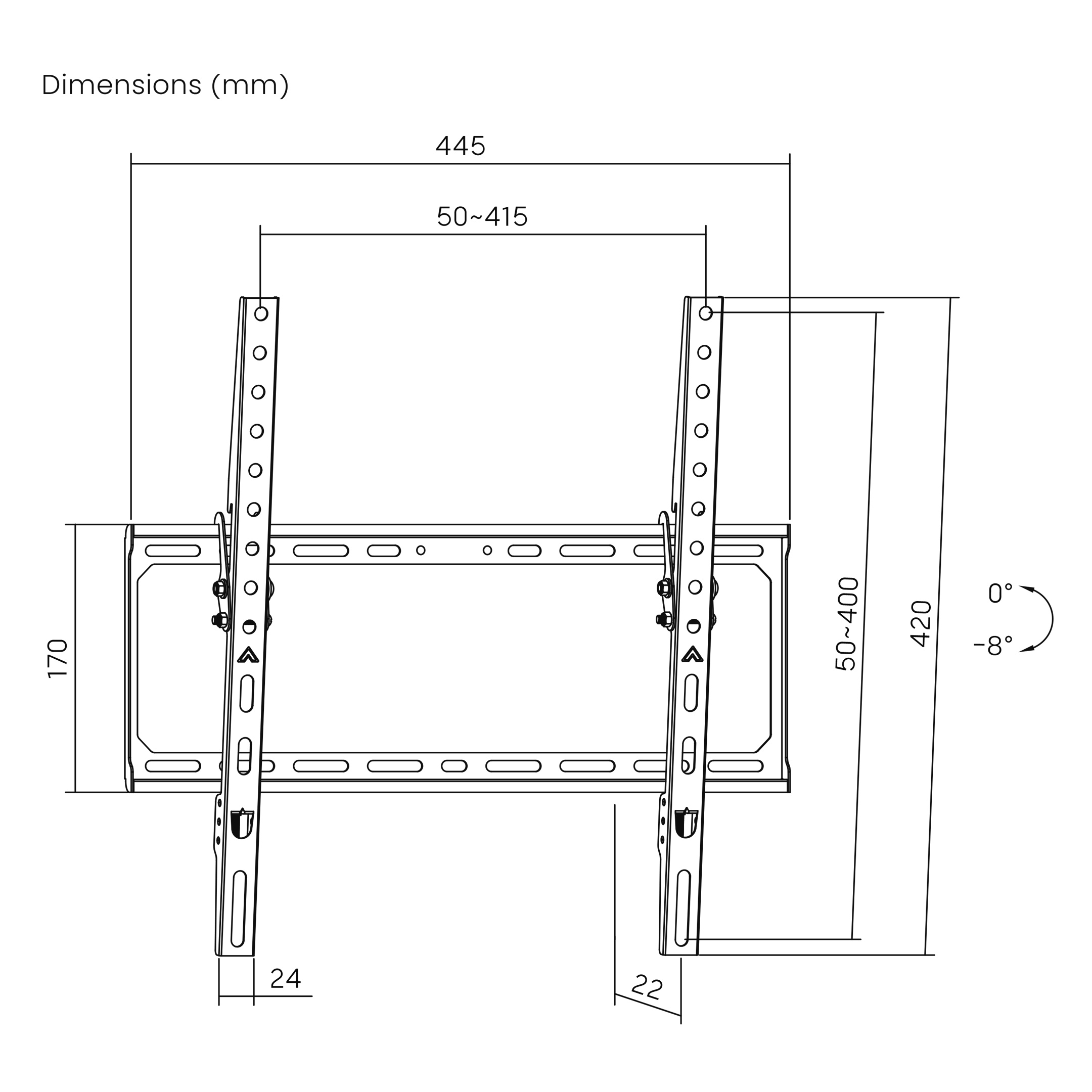 Diagram met afmetingen in mm van een tv-muurbeugel. Bevat afmetingen zoals 445, 50-415 en 170. Hoekindicatoren zijn ook aanwezig.