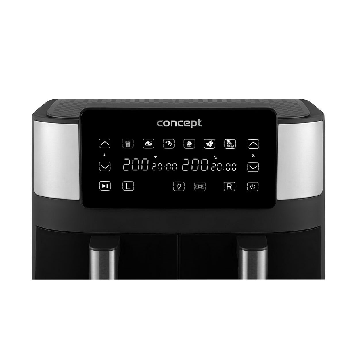 Friggitrice ad aria nera con display digitale con numeri e icone. Visibile il marchio 'concept'. Maniglie argentate.