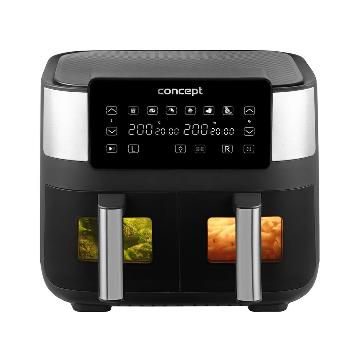 Una friggitrice ad aria nera Concept con doppi cestelli. Ha un display digitale che mostra temperatura e tempo e due maniglie argentate.