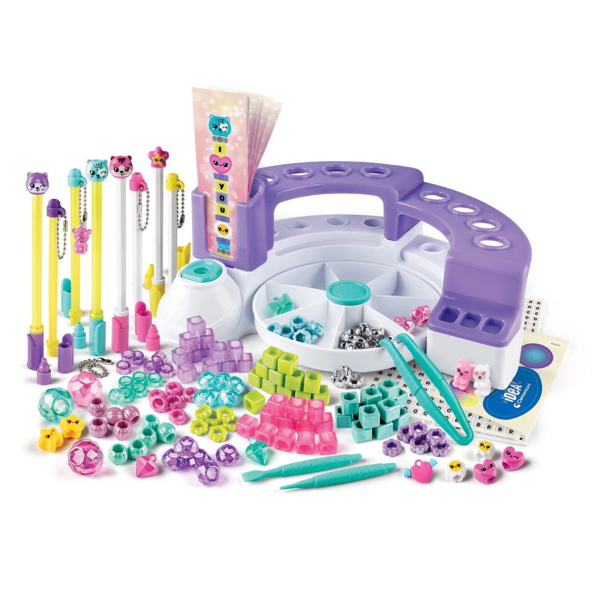 Un kit artigianale con perline, penne e accessori. Include un organizer viola e bianco, penne e perline e strumenti colorati.