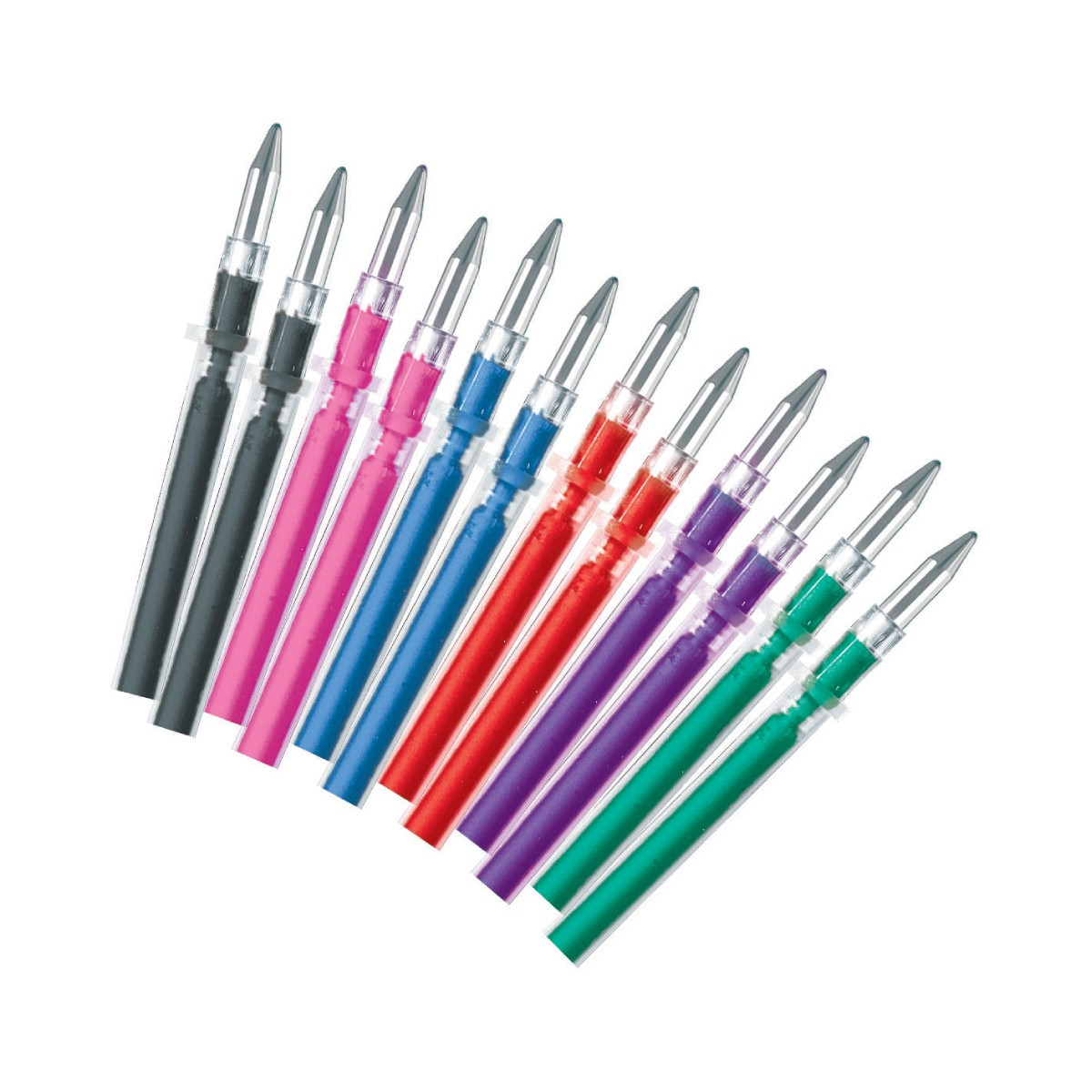 Dieci ricariche di penne colorate, disposte diagonalmente. I colori includono nero, rosa, blu, rosso, viola e verde, con punte argentate.