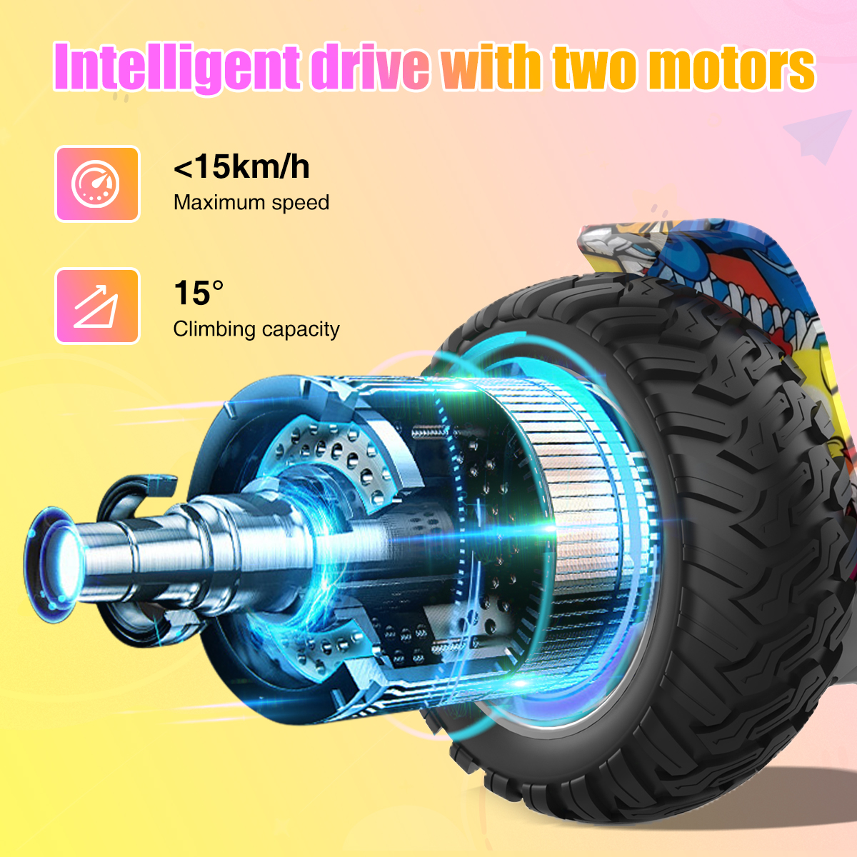 Afbeelding toont een motor, band en tekst over snelheid en klimvermogen. De tekst geeft de maximale snelheid en klimhoek aan.