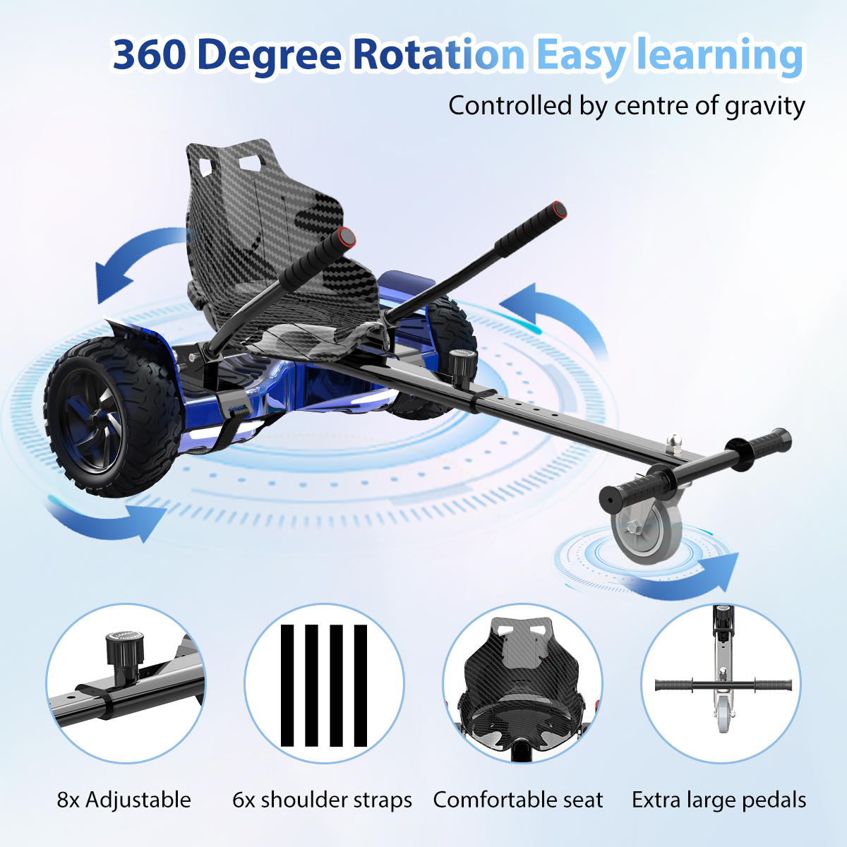 Un kart azul y negro con neumáticos grandes. Texto: Rotación 360 grados, 8x ajustable, 6x correas, asiento cómodo.