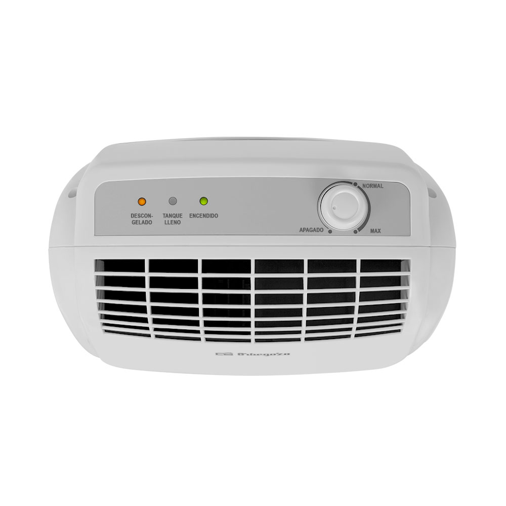 Deshumidificador blanco con panel de control. Tiene indicadores y una perilla para ajustes. Rejilla frontal con ranuras horizontales.