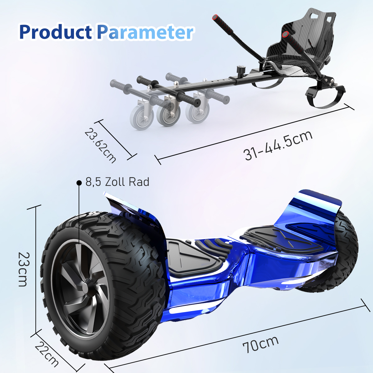 La imagen muestra un hoverboard azul y un accesorio de kart con dimensiones. El hoverboard tiene llantas grandes y una plataforma negra.