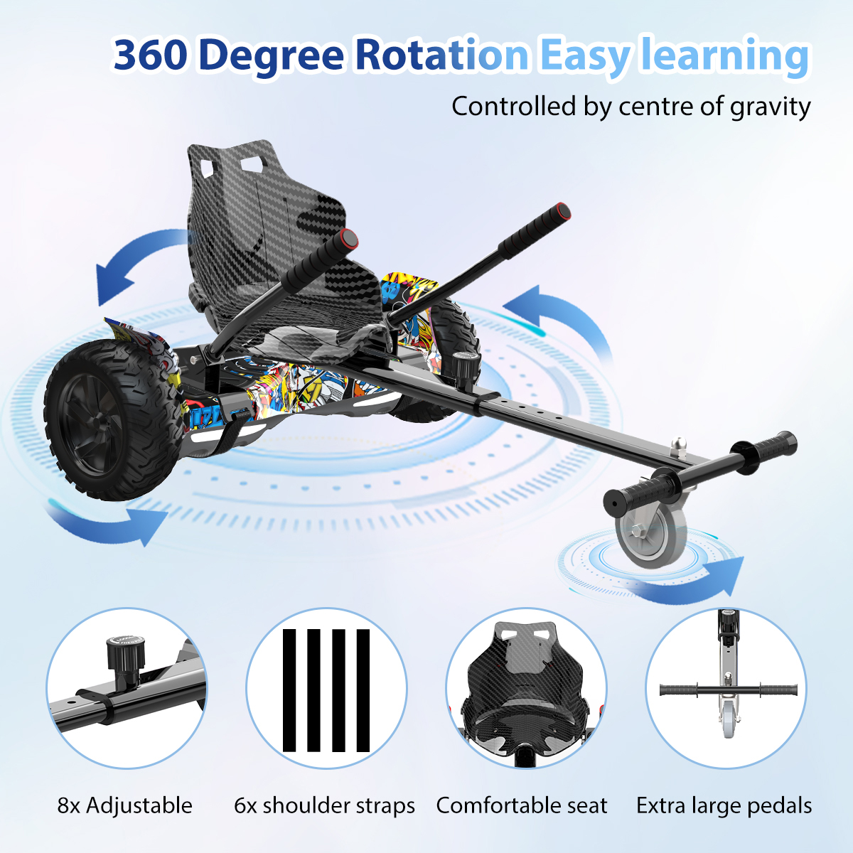 Un go-kart negro sobre fondo azul. Incluye piezas ajustables, correas de hombro, asiento cómodo y pedales extra grandes.