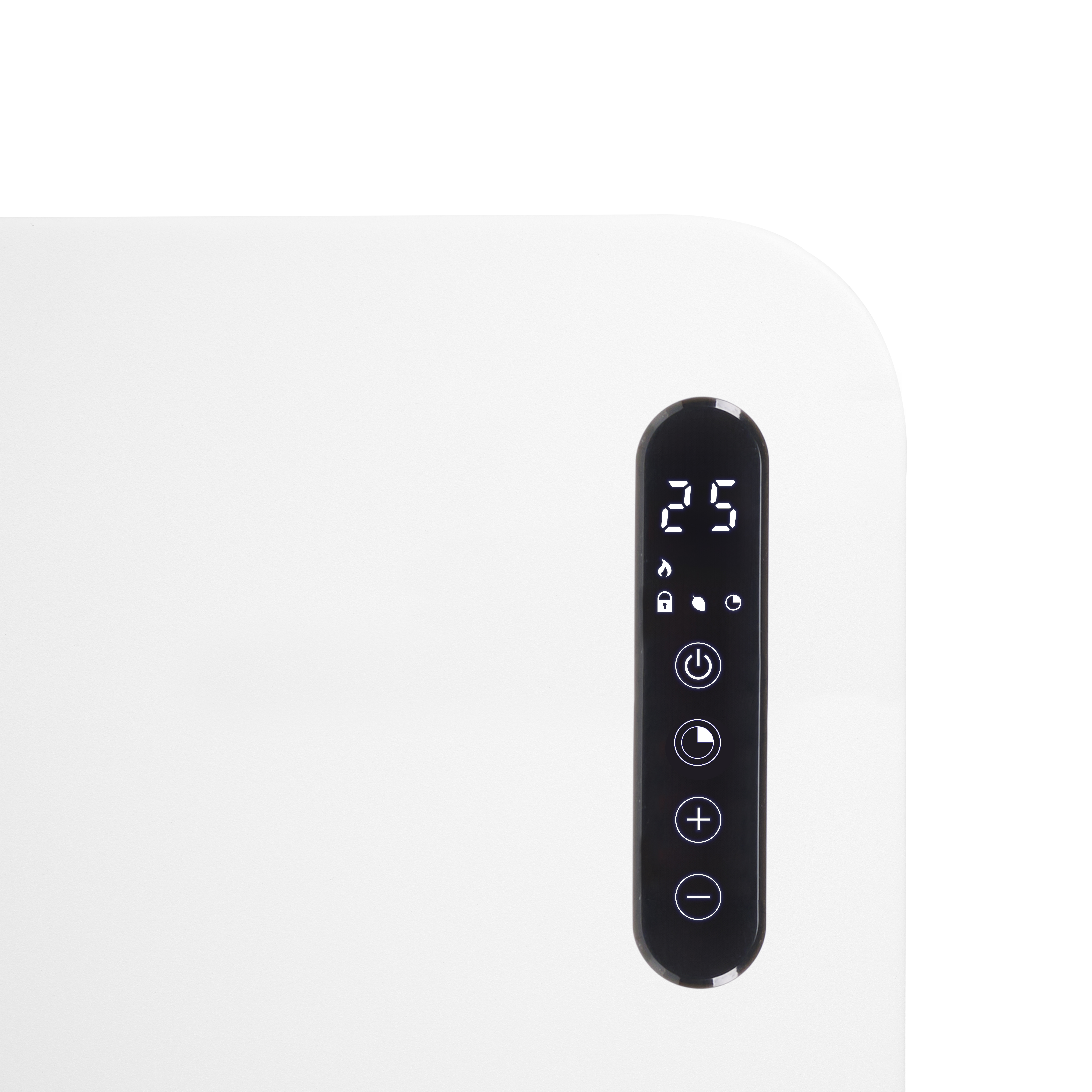 Electrodoméstico blanco con panel de control negro que muestra '25', iconos de encendido, bloqueo y temporizador, botones más y menos.