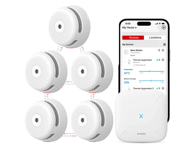 X-SENSE SBS50 Basestation met XS01-M 5-pack Rookmelder Wit