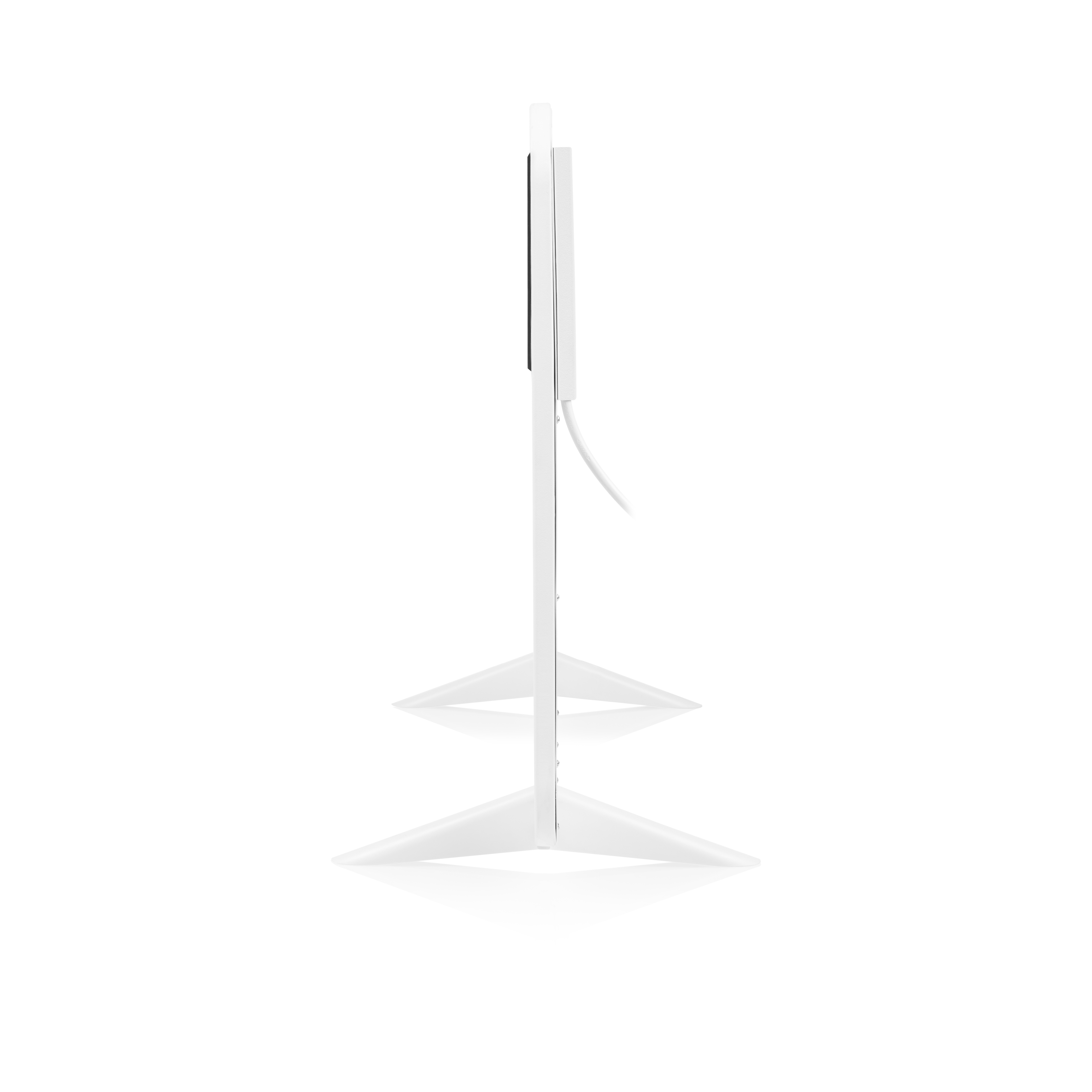 Un monitor de computadora blanco visto de lado. Tiene una base triangular y una pantalla delgada.