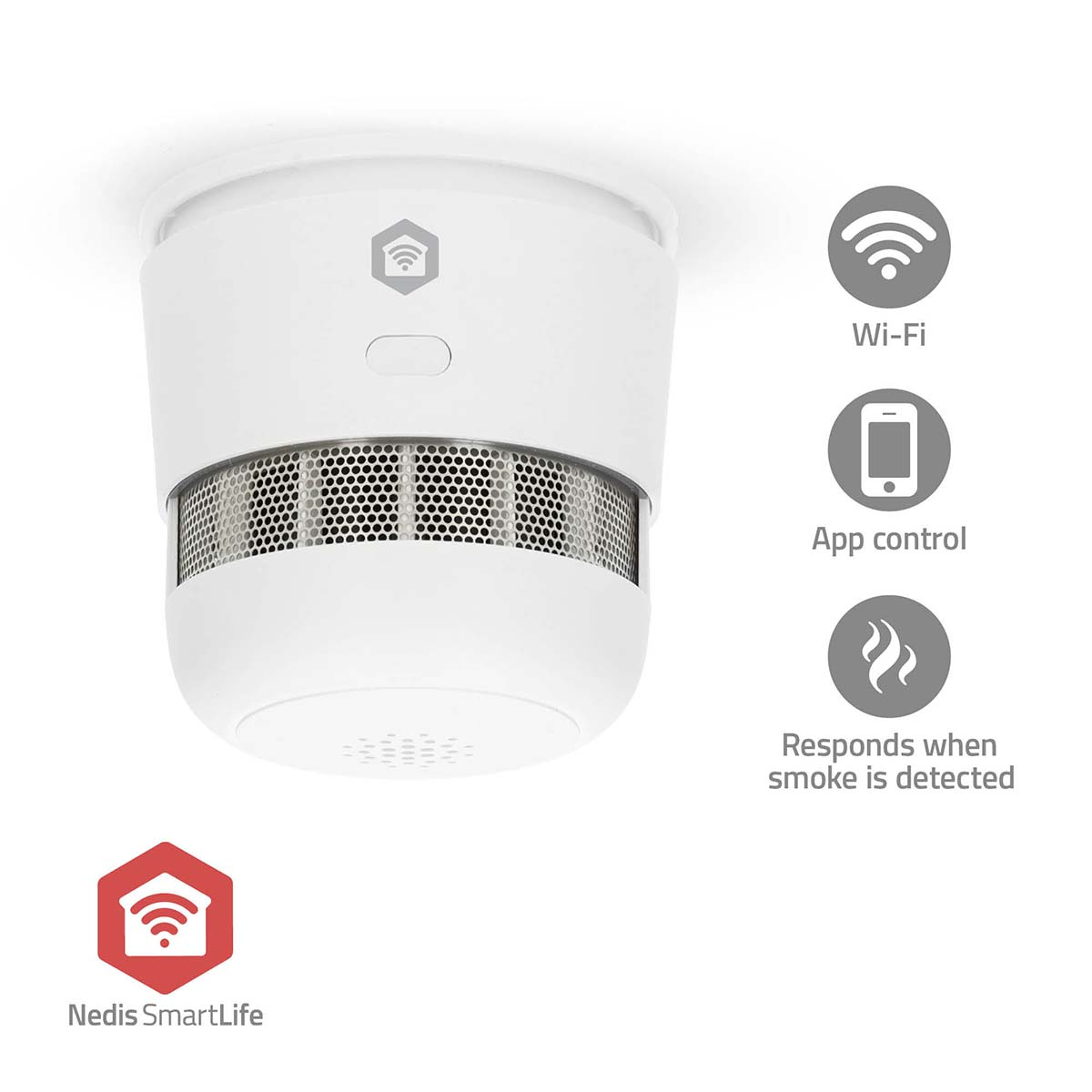 Weißer Rauchmelder mit WLAN, App-Steuerung und Raucherkennung. Das Nedis SmartLife-Logo ist sichtbar.