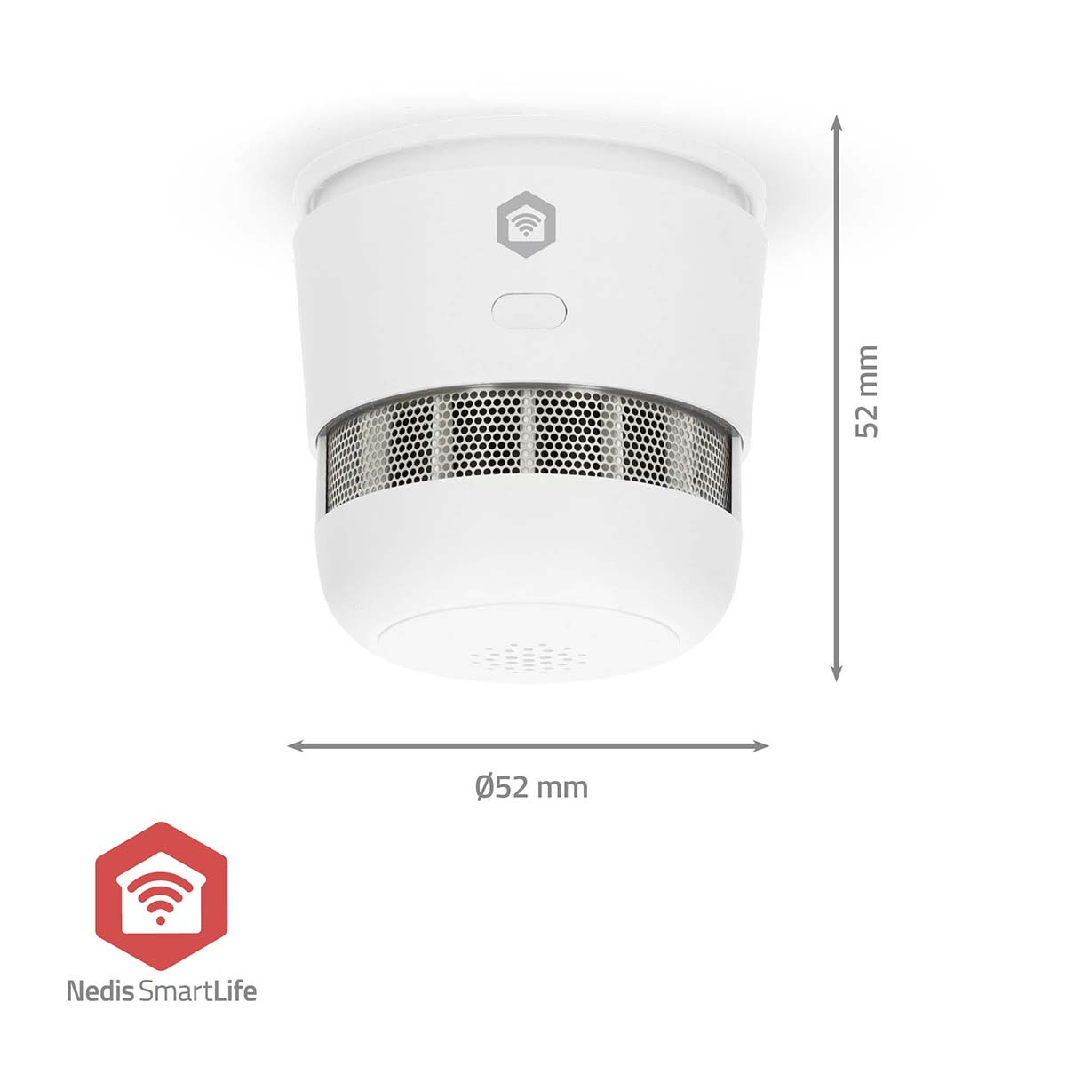 Weißer Rauchmelder, 52 mm hoch, mit einem Gitterabschnitt. Ein Logo und Maße sind abgebildet. Die Marke ist Nedis SmartLife.