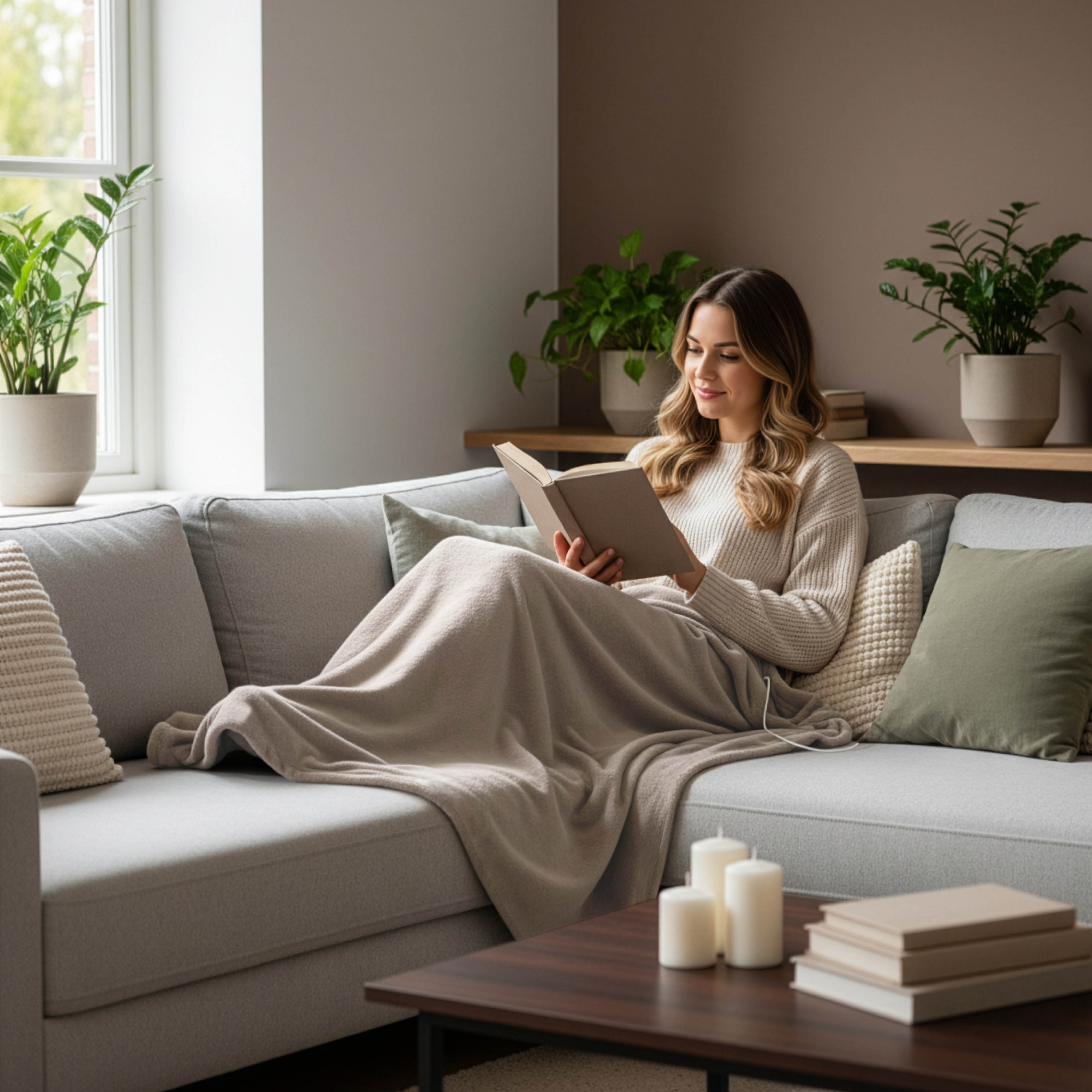 Woman reading a book on a gray sofa, covered with a blanket. There are plants, candles, and books in the scene.