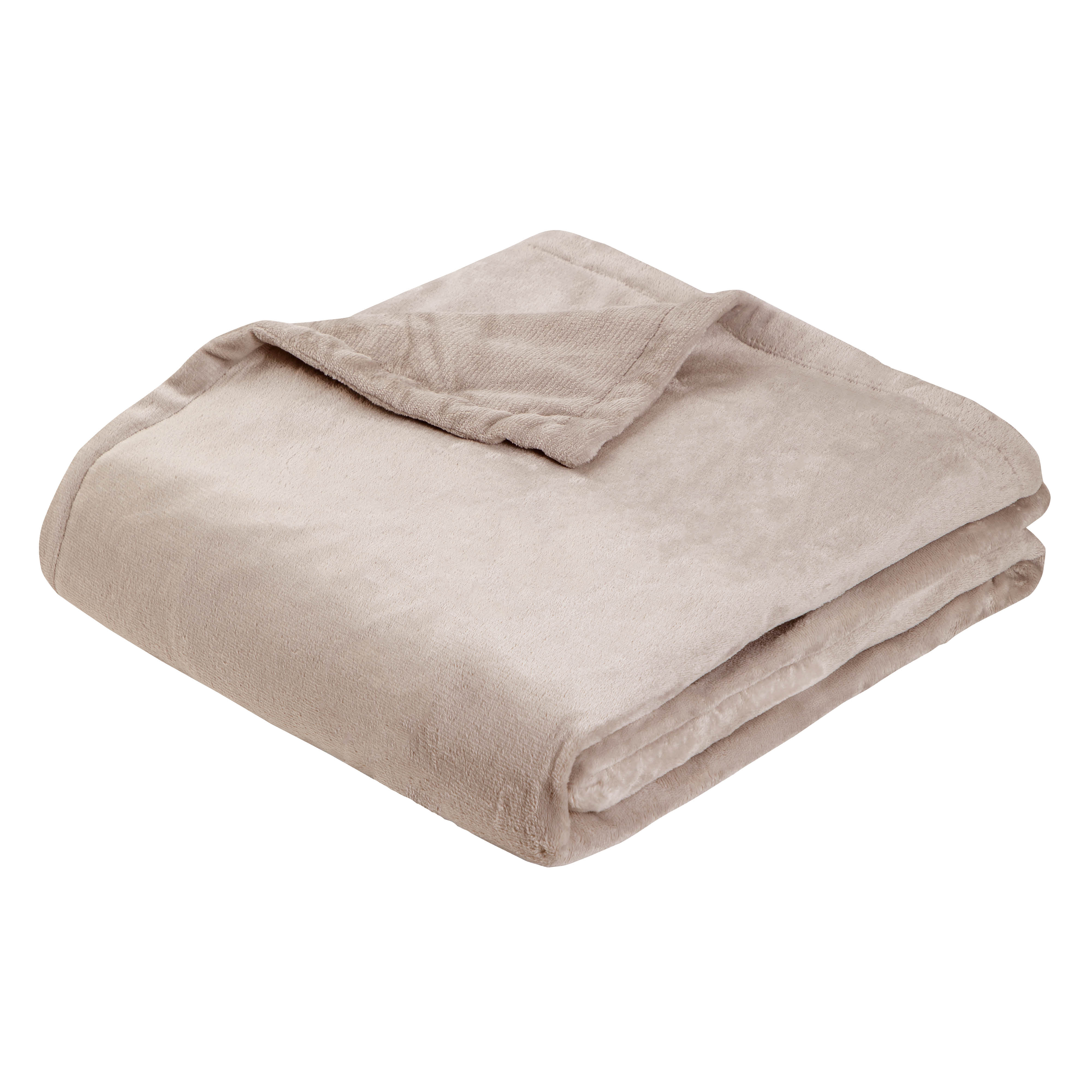 A folded beige blanket on a white background. The blanket is soft and plush.