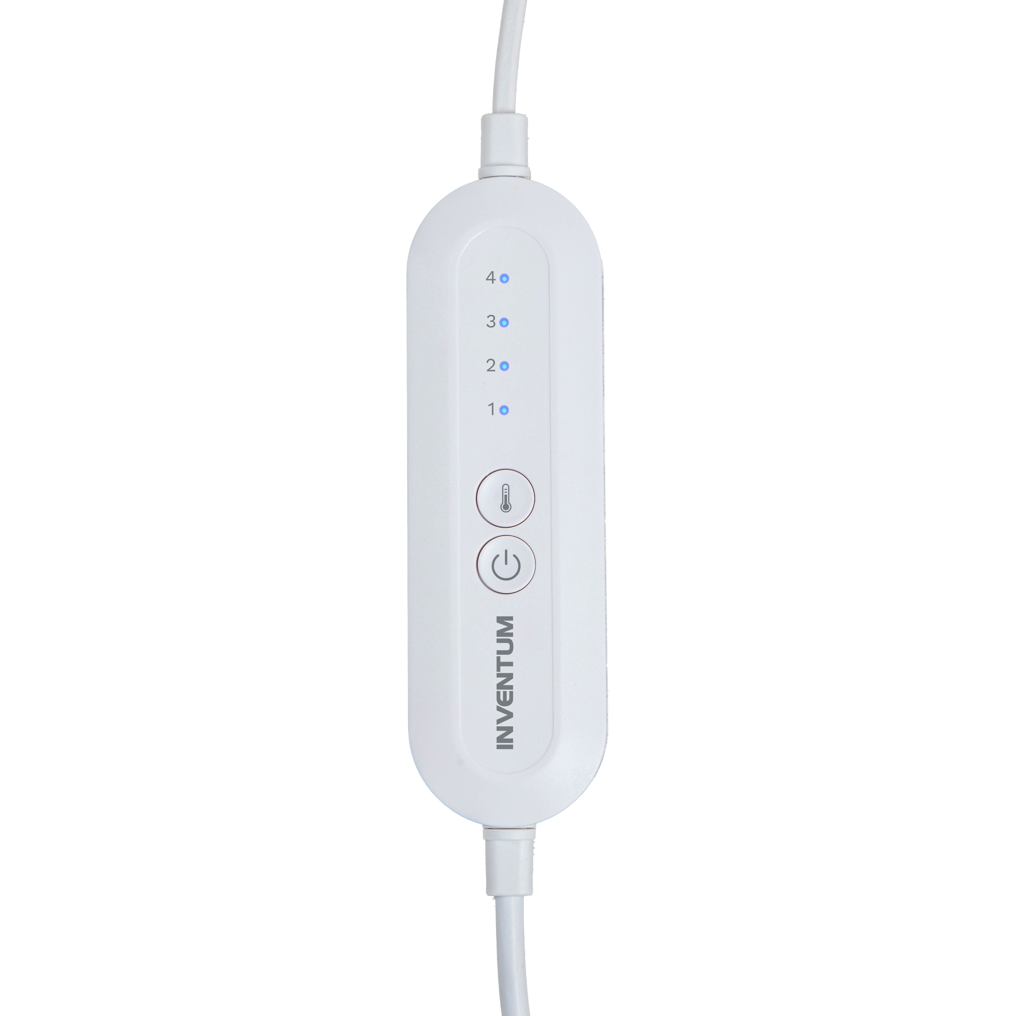 A white control panel with blue lights and buttons. It has the brand name INVENTUM. The panel is connected to white cables.