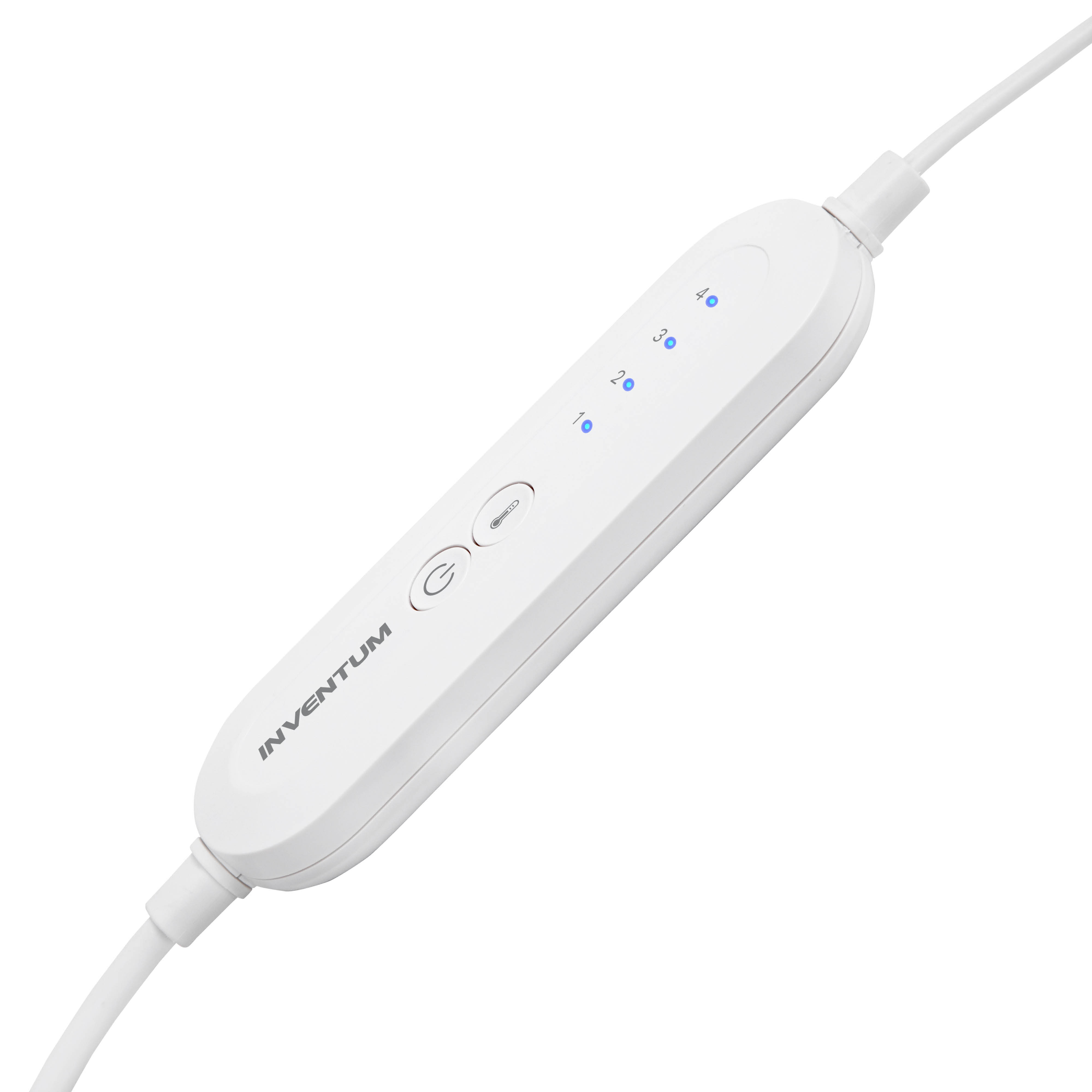 White controller with power button, temperature icon, and numbered blue lights. Cables extend from both ends.