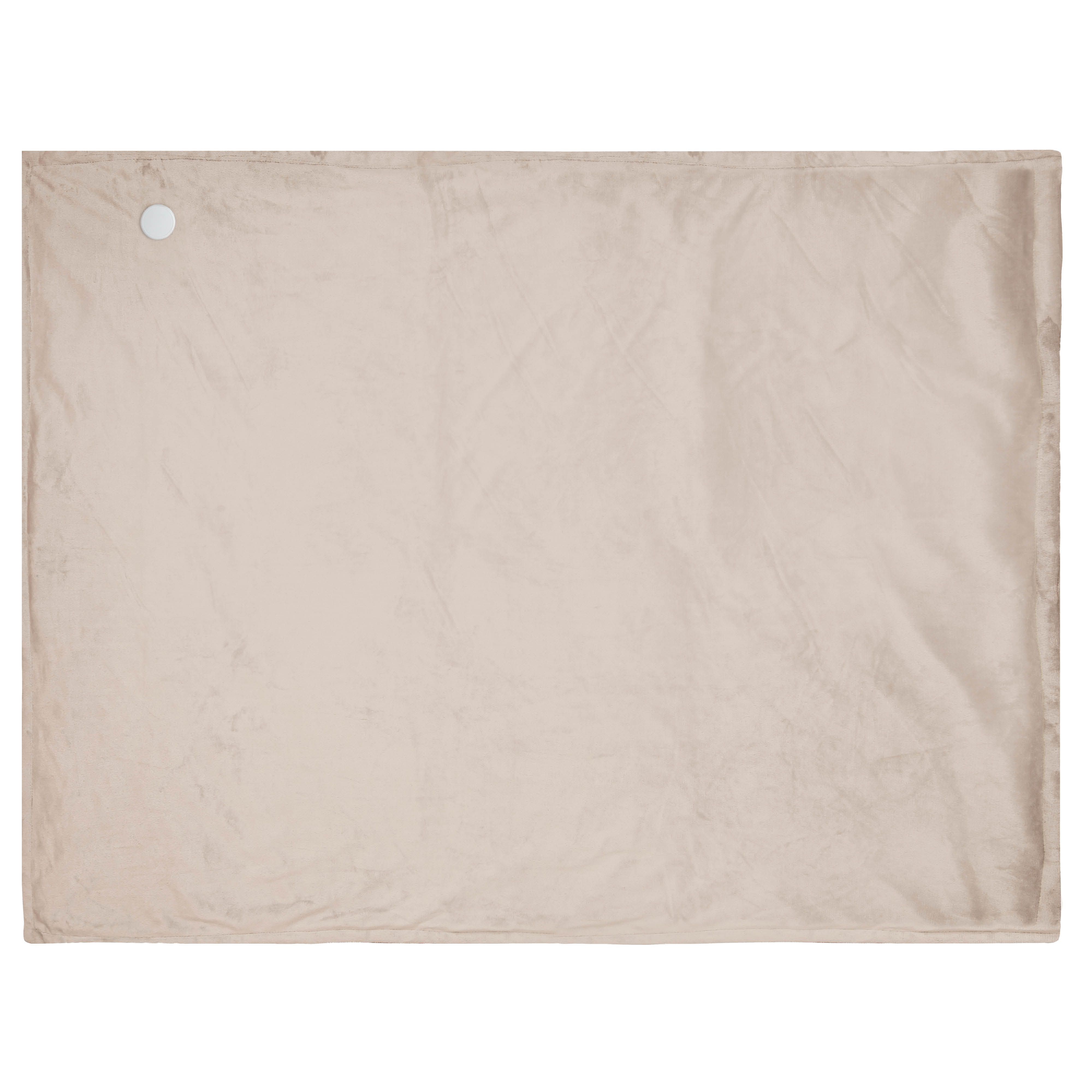A beige blanket with a round, white control panel. The blanket is rectangular and has visible texture.