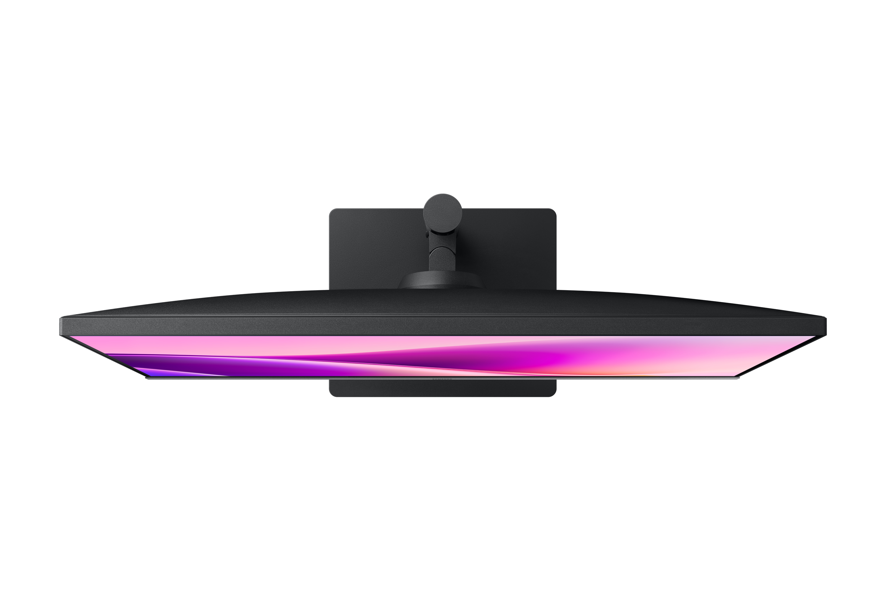 Widok z góry na czarny monitor. Ekran wyświetla różowe i fioletowe gradienty na białym tle.