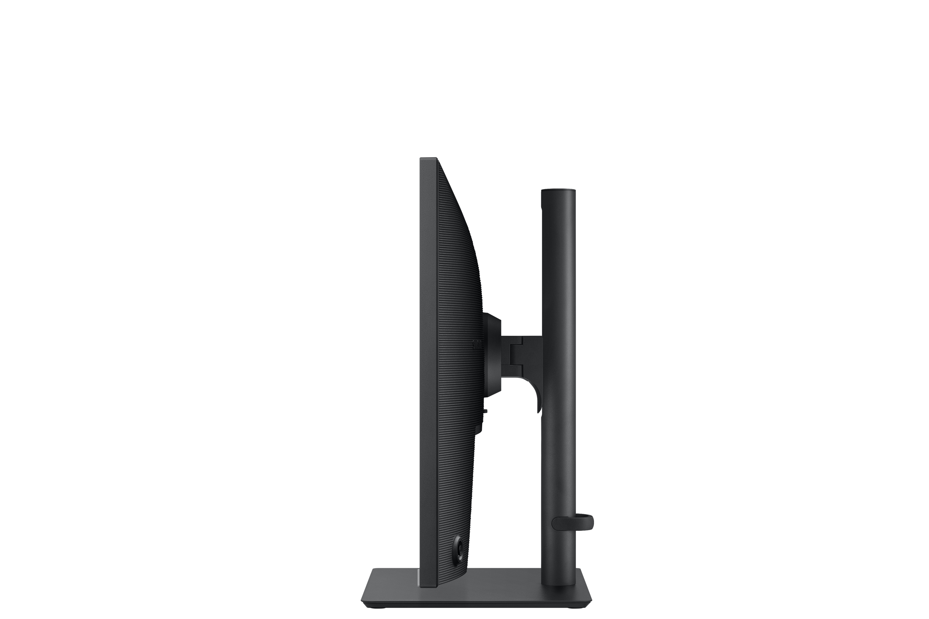 Widok z boku czarnego monitora komputera ze stojakiem. Ekran jest ciemny, a tło białe.