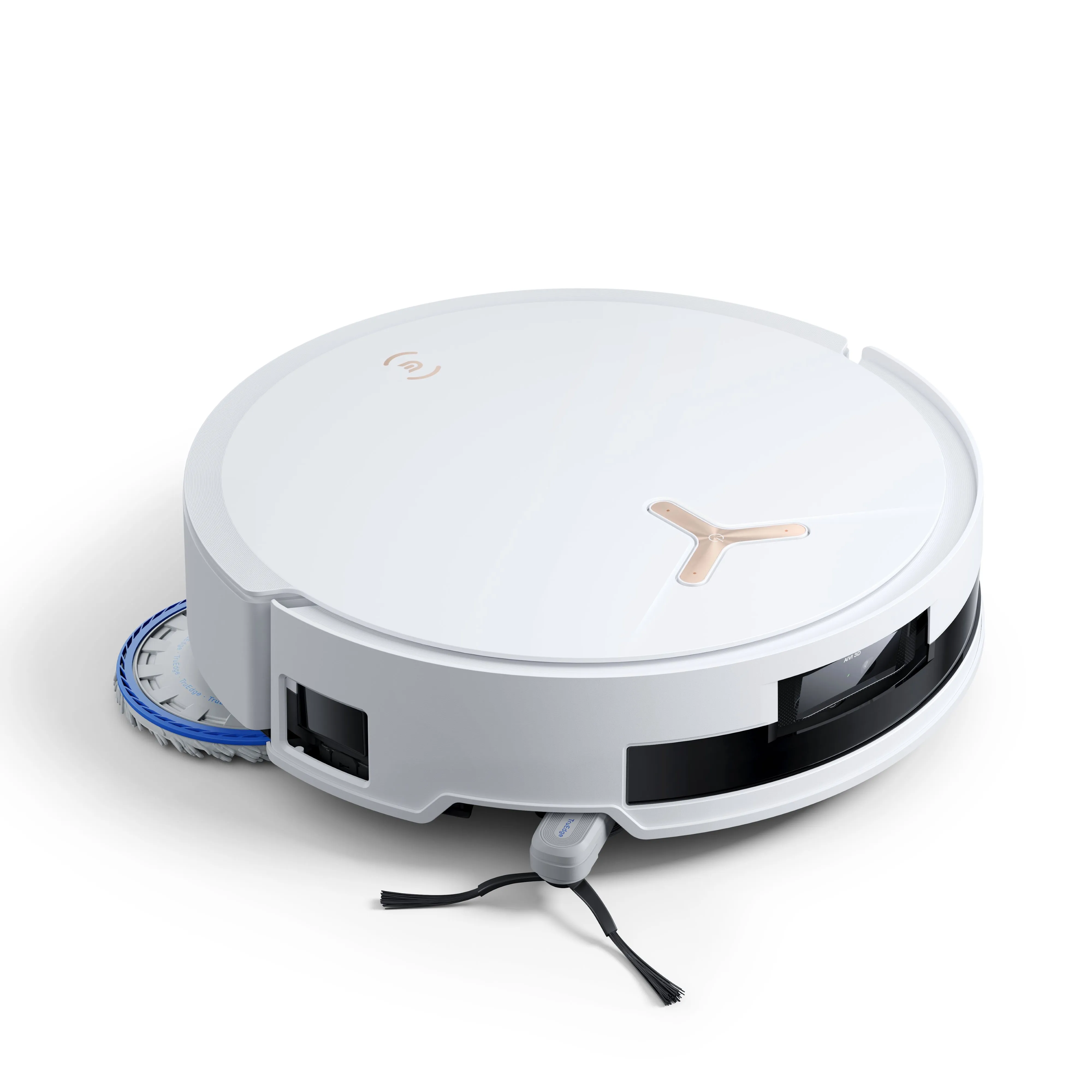 A white and black robotic vacuum cleaner. It has a round shape with a gold accent and two black brushes.