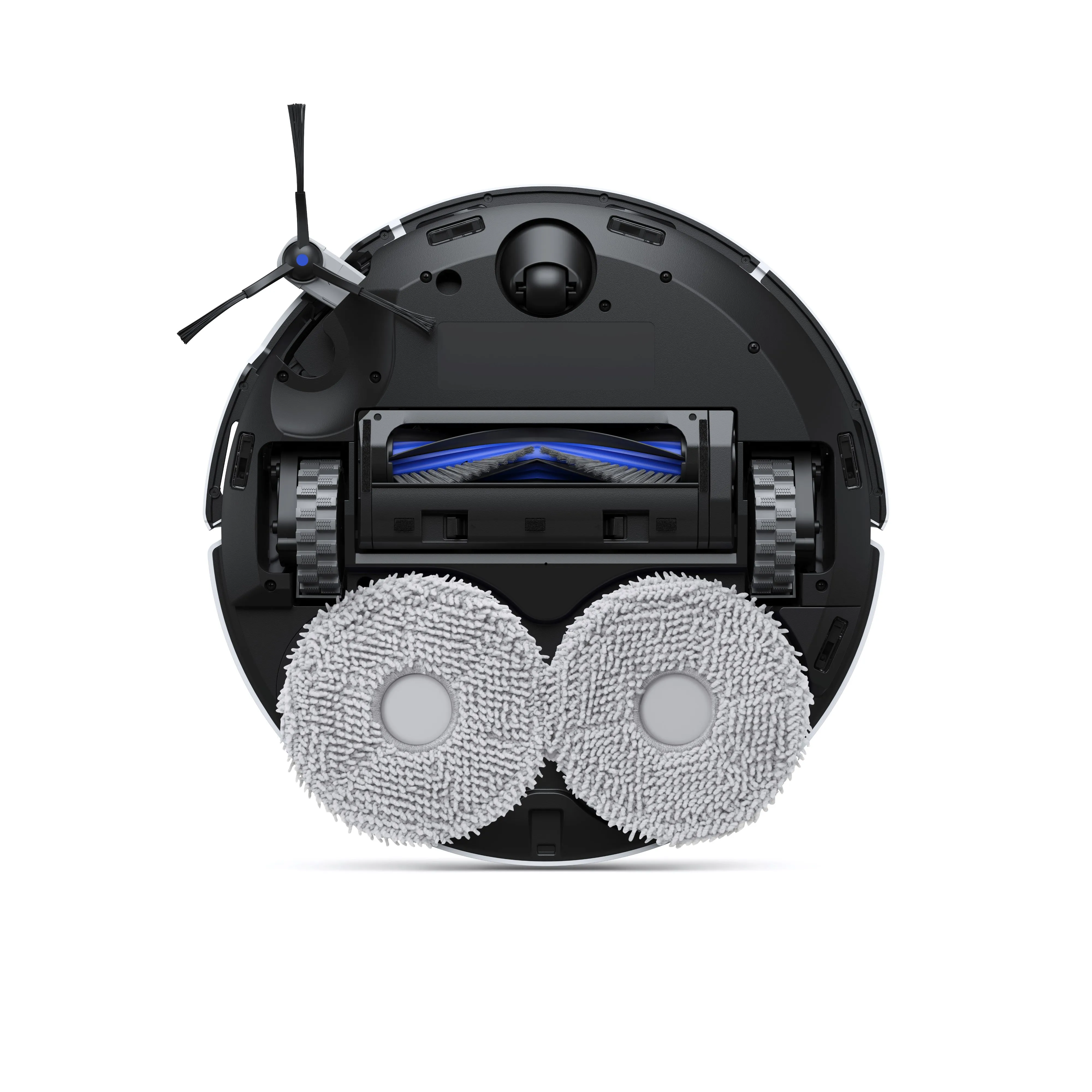 Robot vacuum cleaner, underside view. Black and white body, blue brush, two round mops, and wheels are visible.