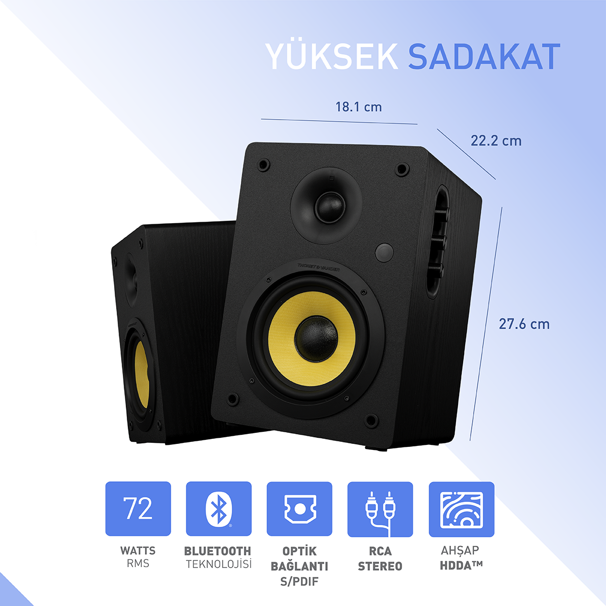 Sarı merkezli iki siyah hoparlör. Metin 'YÜKSEK SADAKAT' ve Bluetooth ve RCA stereo gibi özellikleri içerir.