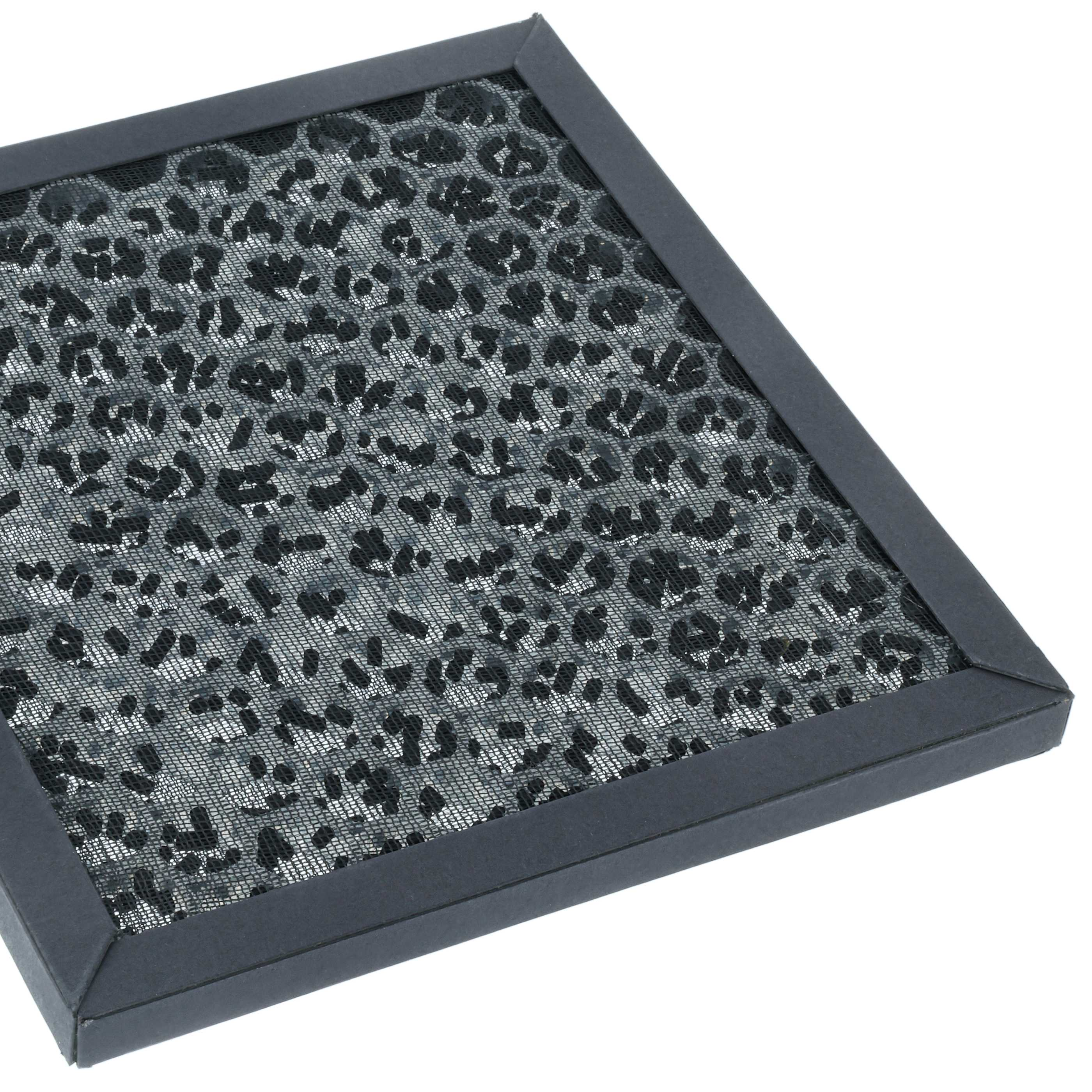 Nahaufnahme eines rechteckigen Luftfilters mit schwarzem Rahmen. Der Filter hat ein Netzmuster mit schwarzen Formen.