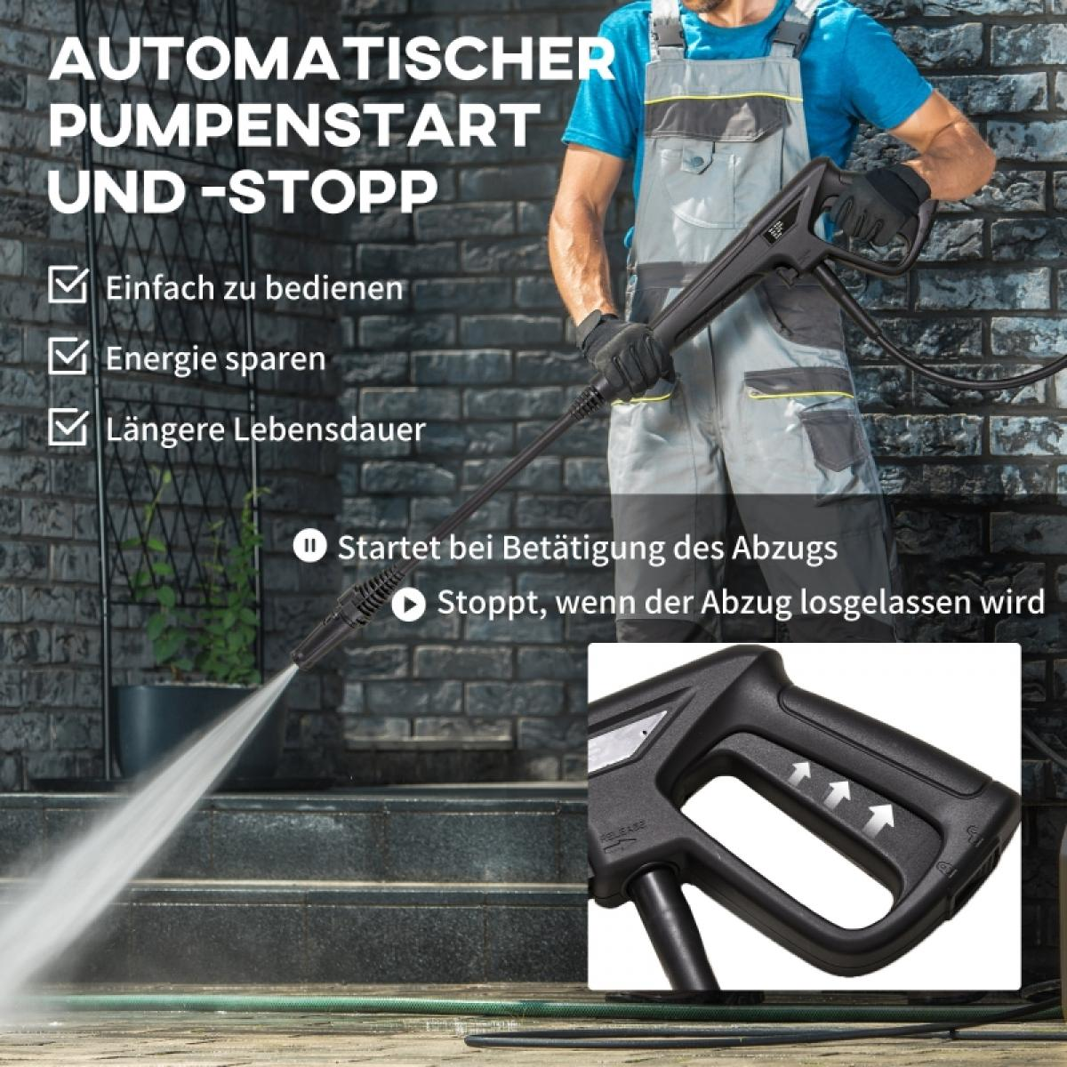 Eine Person in Overalls benutzt einen Hochdruckreiniger auf Stufen. Text hebt automatischen Start/Stopp, einfache Bedienung hervor.
