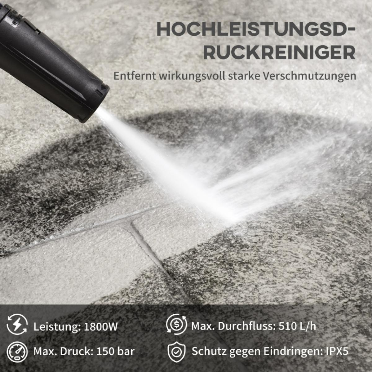 Ein Hochdruckreiniger sprüht Wasser auf eine graue Steinoberfläche. Der Text beschreibt Leistung und Funktionen.