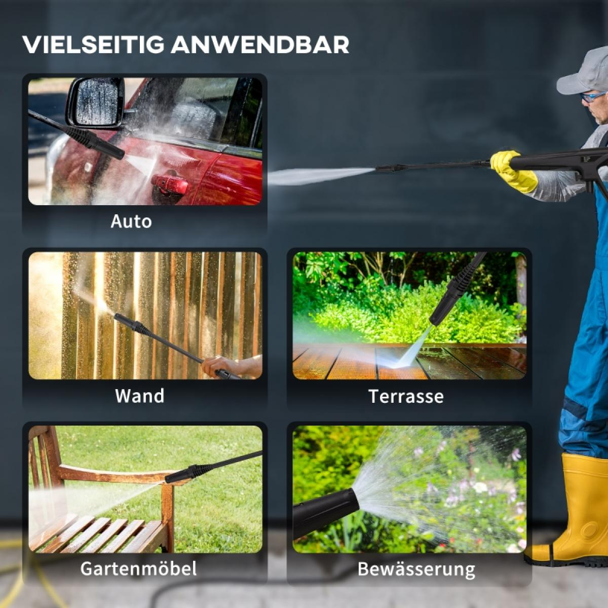 Das Bild zeigt einen Hochdruckreiniger, der für Autos, Wände, Terrassen, Gartenmöbel und zum Bewässern von Pflanzen verwendet wird.