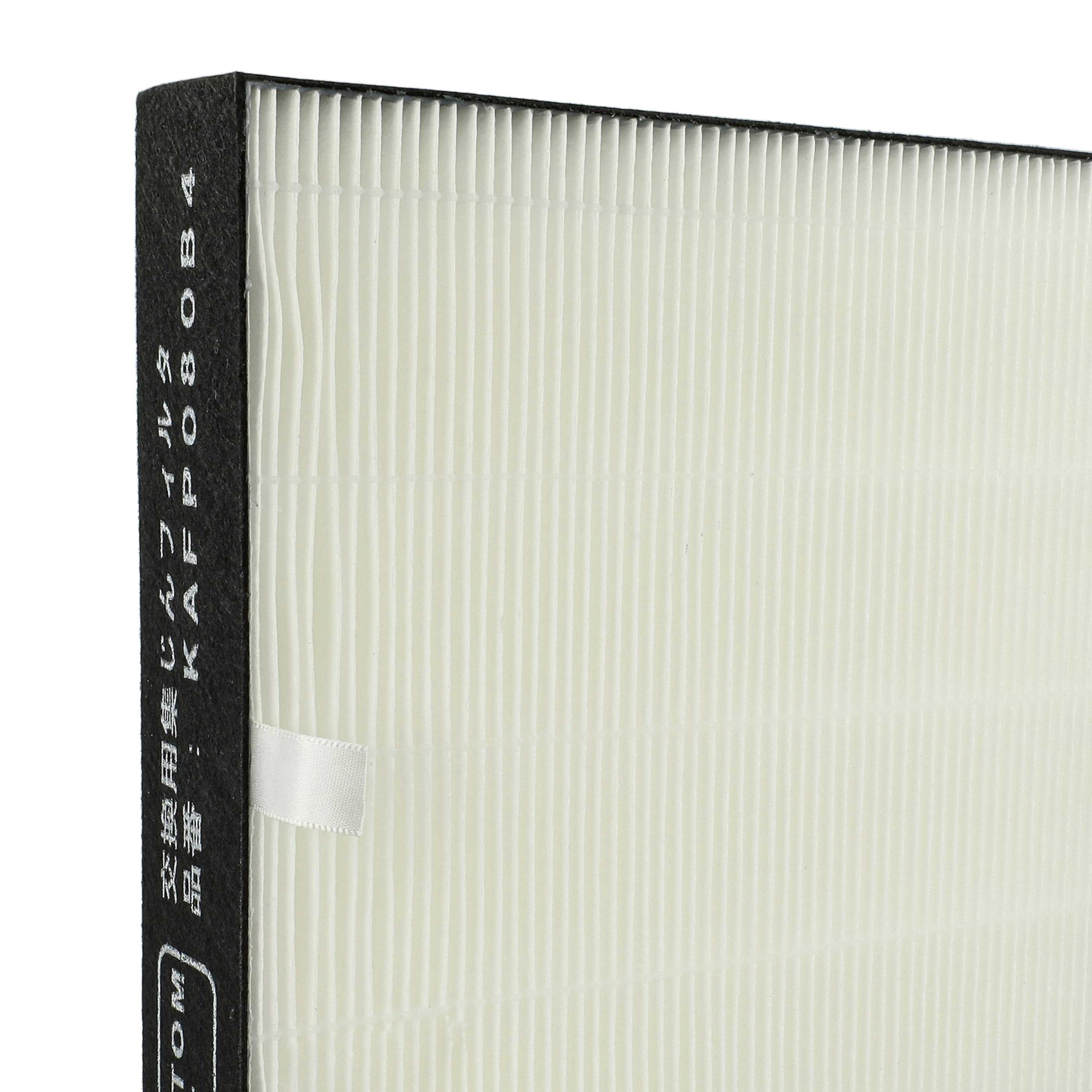 Nahaufnahme eines Luftfilters mit weißem, plissiertem Material. Schwarzer Rahmen mit japanischem Text. Weißes Band.