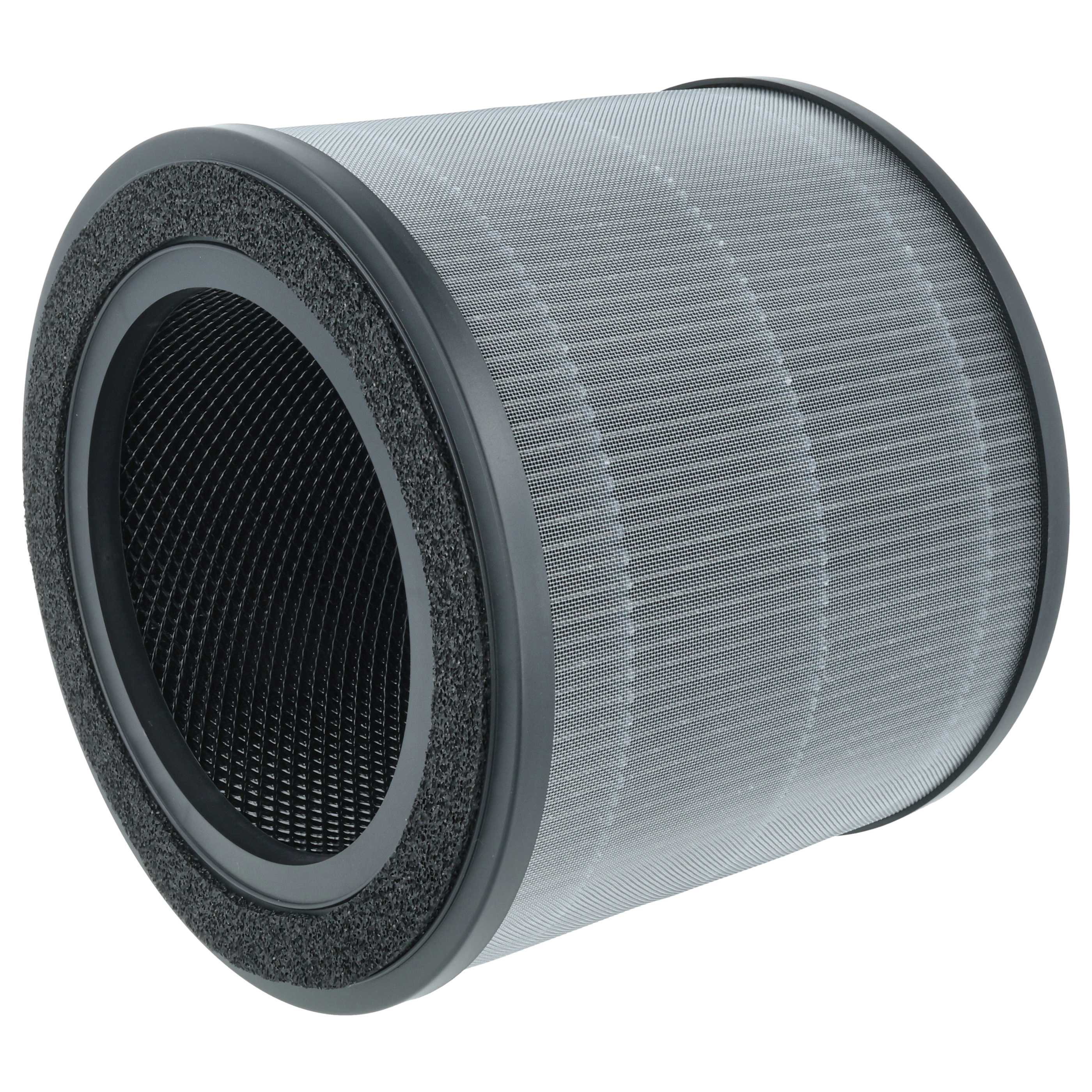 Ein zylindrischer Luftfilter mit schwarzem Rahmen und Netz, umgeben von einem schwarzen Schaumstoffring, vor weißem Hintergrund.