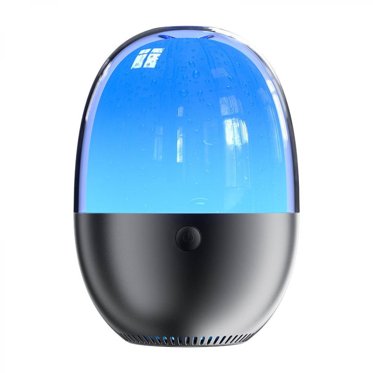 Ein eiförmiges Gerät mit blau leuchtender Oberseite und schwarzer Basis. Die Oberseite hat Wassertropfen und ein Netzschalter ist sichtbar.