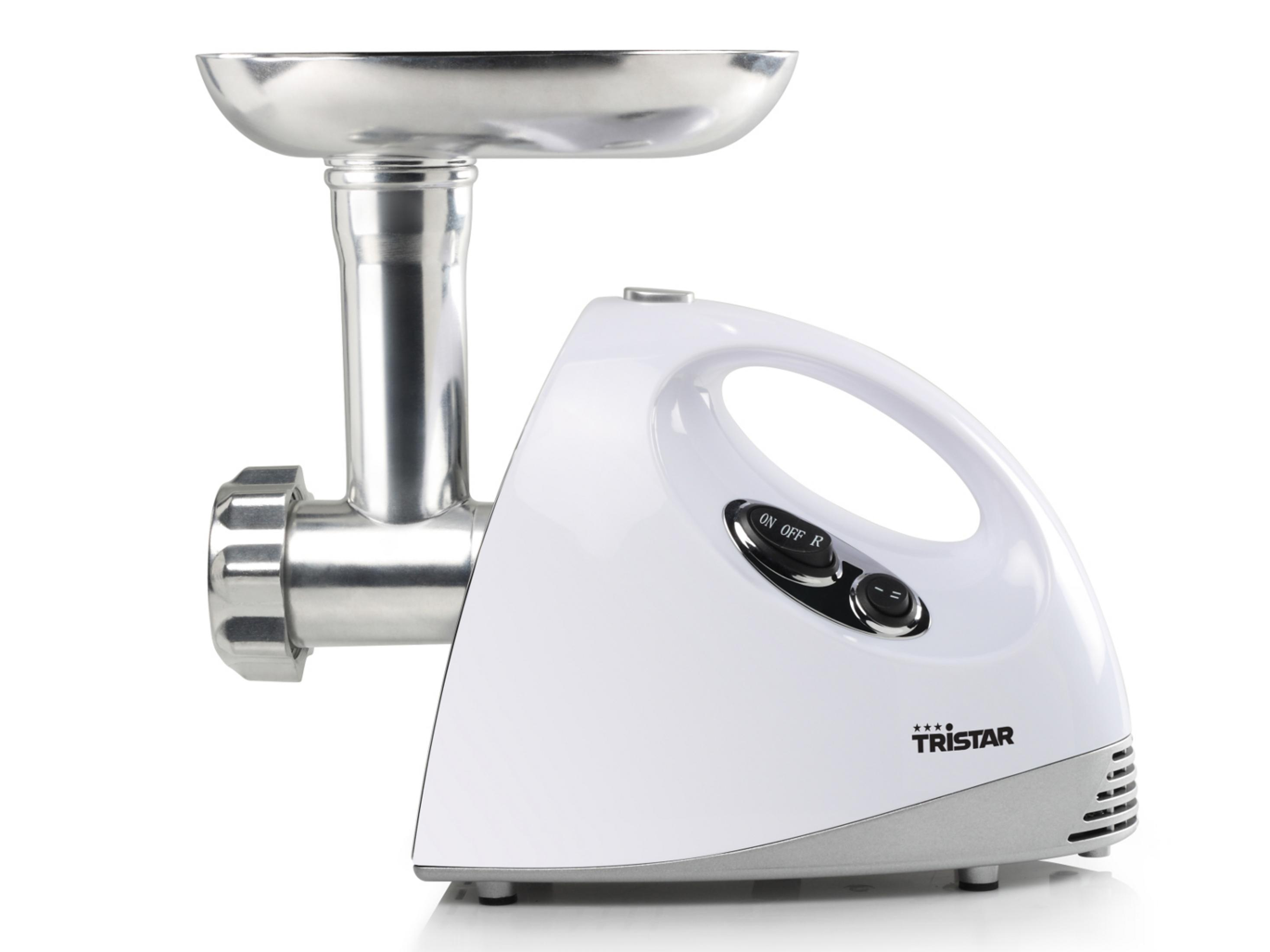 Biała maszynka do mięsa ze srebrną miską do karmienia i uchwytem. Posiada przyciski włączania/wyłączania oraz markę TRISTAR.