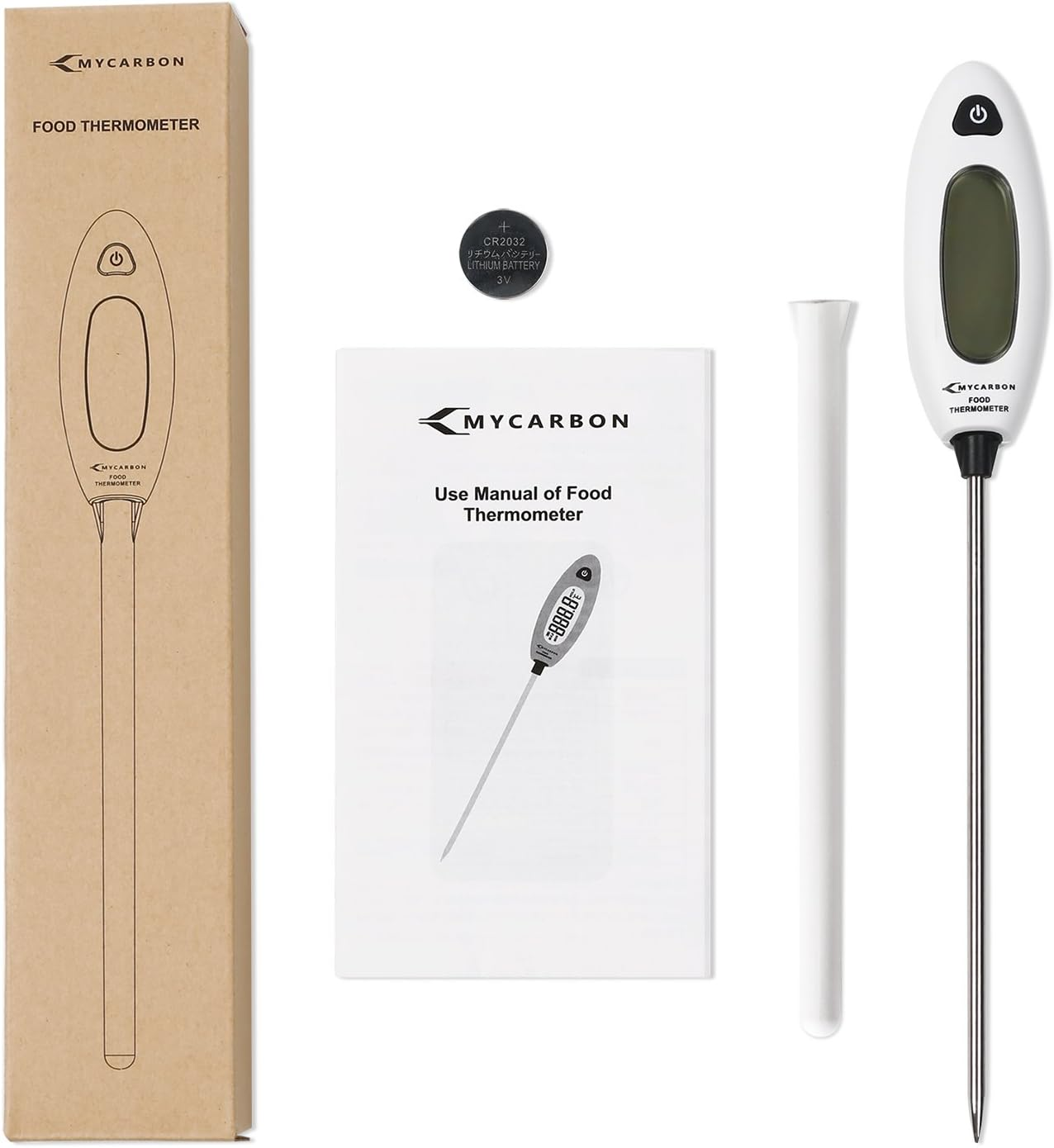 Ein Fleischthermometer-Set mit Box, Anleitung, Thermometer, Batterie und einem weißen Rohr auf weißem Hintergrund.