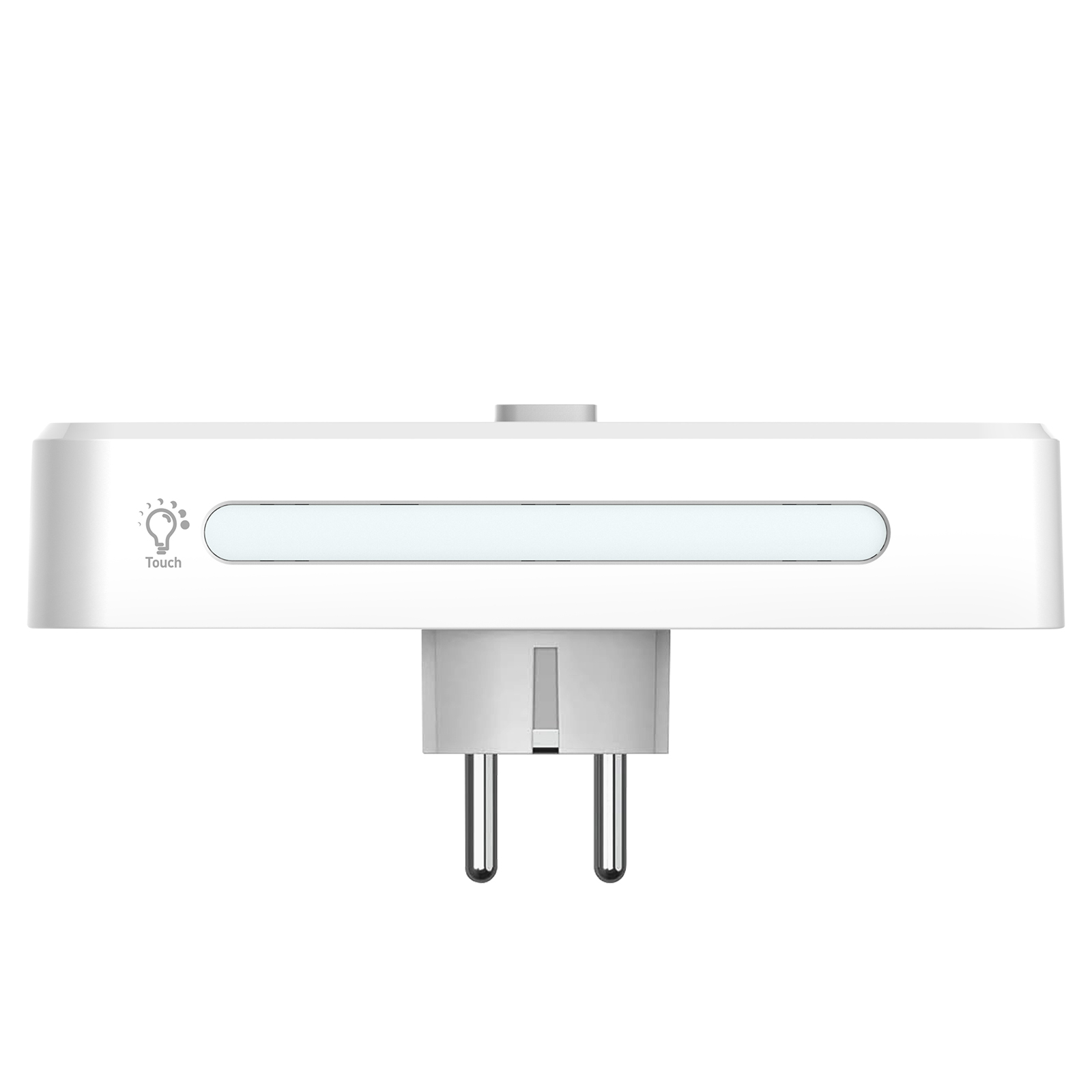 Una luce notturna bianca con icona lampadina ed etichetta touch, con spina europea.