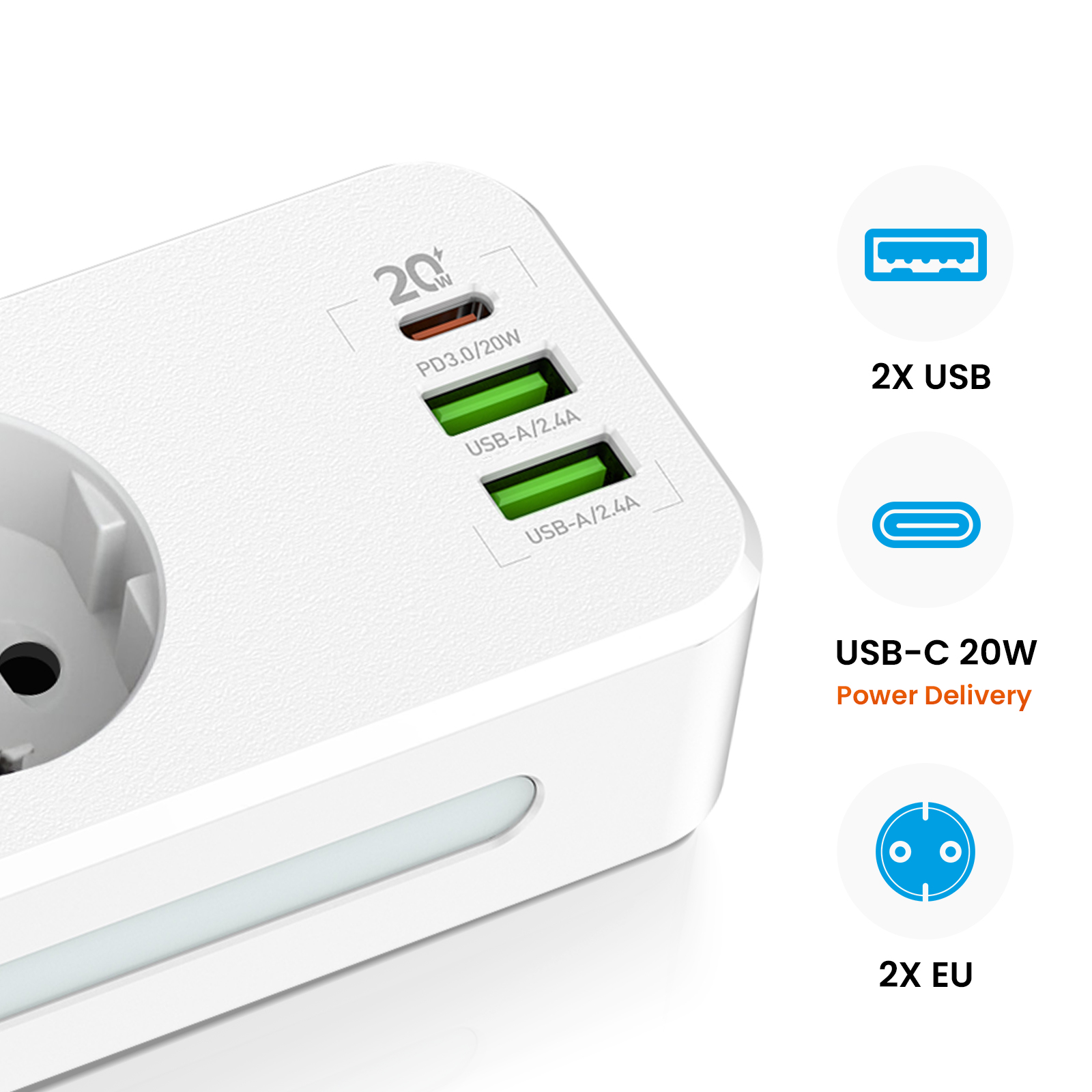 Adattatore di alimentazione bianco con più porte: USB, USB-C e spina EU. Dispone di ricarica da 20W ed erogazione di energia.