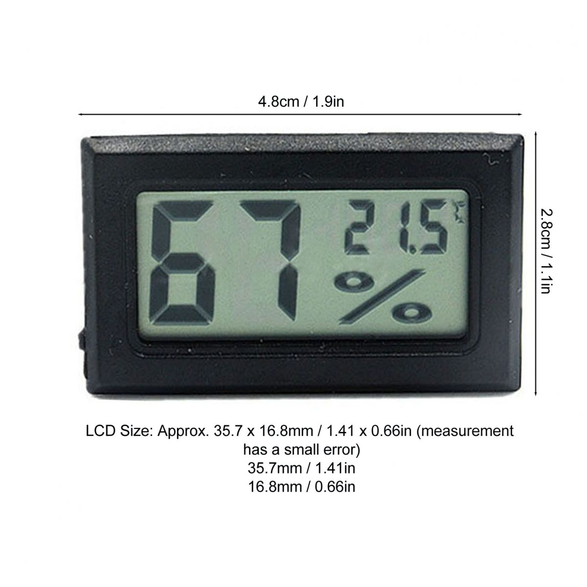 Ein schwarzes digitales Hygrometer zeigt eine Luftfeuchtigkeit von 67 % und eine Temperatur von 21,5 Grad an. Abmessungen sind angegeben.