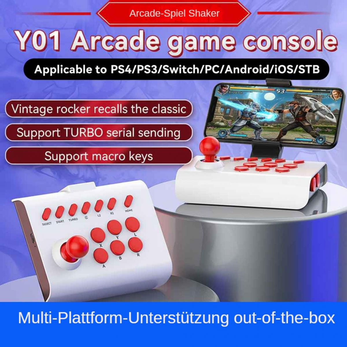 Weißer Arcade-Gamecontroller mit roten Knöpfen und Joystick, ein Handy mit Spiel und Text.