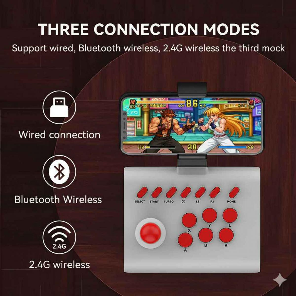 Ein weißer Arcade-Controller mit einem Telefon, das ein Kampfspiel anzeigt. Es unterstützt kabelgebundene, Bluetooth- und 2,4G-Wireless-Verbindungen.