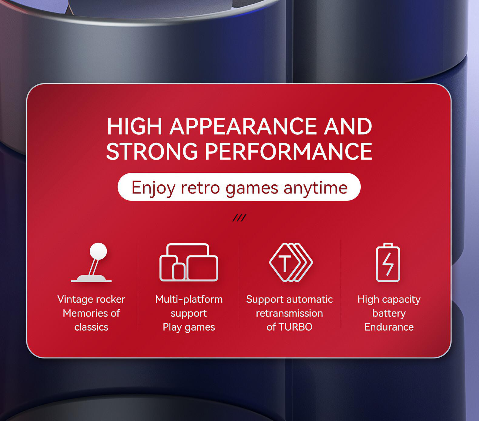 Roter Hintergrund mit weißem Text und Symbolen. Text enthält 'High Appearance and Strong Performance' und Spielefunktionen.