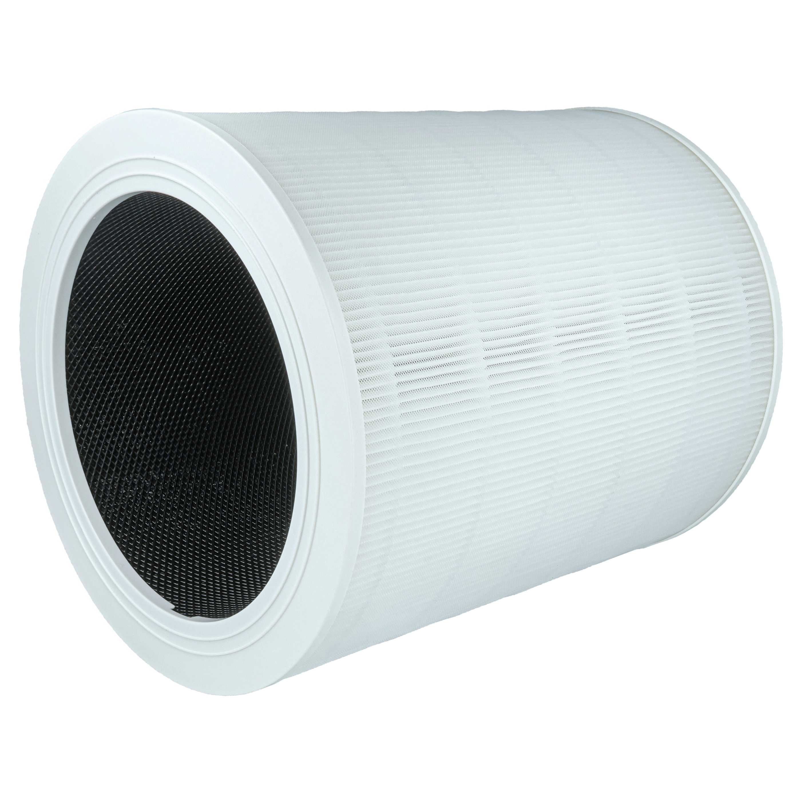 Weißer Luftfilter mit zylindrischer Form. Er hat einen weißen Rahmen und ein schwarzes Gitter. Isoliert auf weißem Hintergrund.