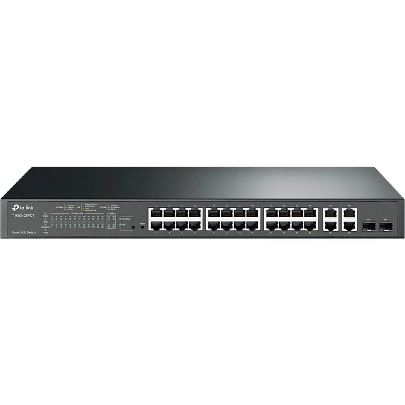 Switch de red TP-Link negro con múltiples puertos. El dispositivo tiene puertos de conexión de alimentación y red. Está diseñado para uso en red.
