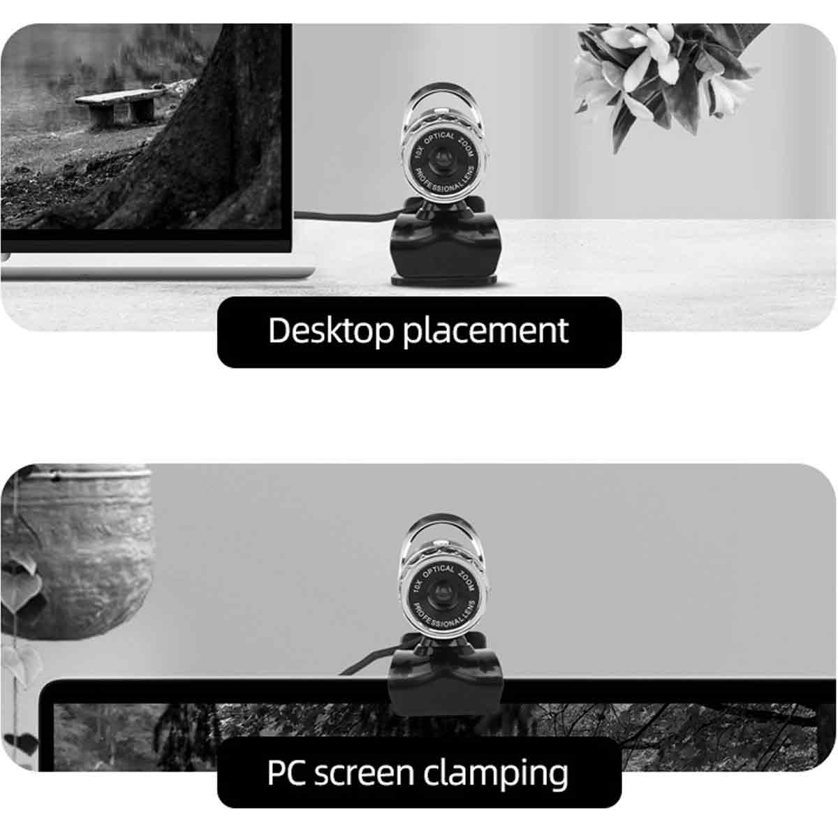Das Bild zeigt Webcam-Platzierungsoptionen: Desktop und PC-Bildschirmklemme. Webcam ist silber und schwarz, mit schwarzem Sockel. Hintergrundelemente sichtbar.