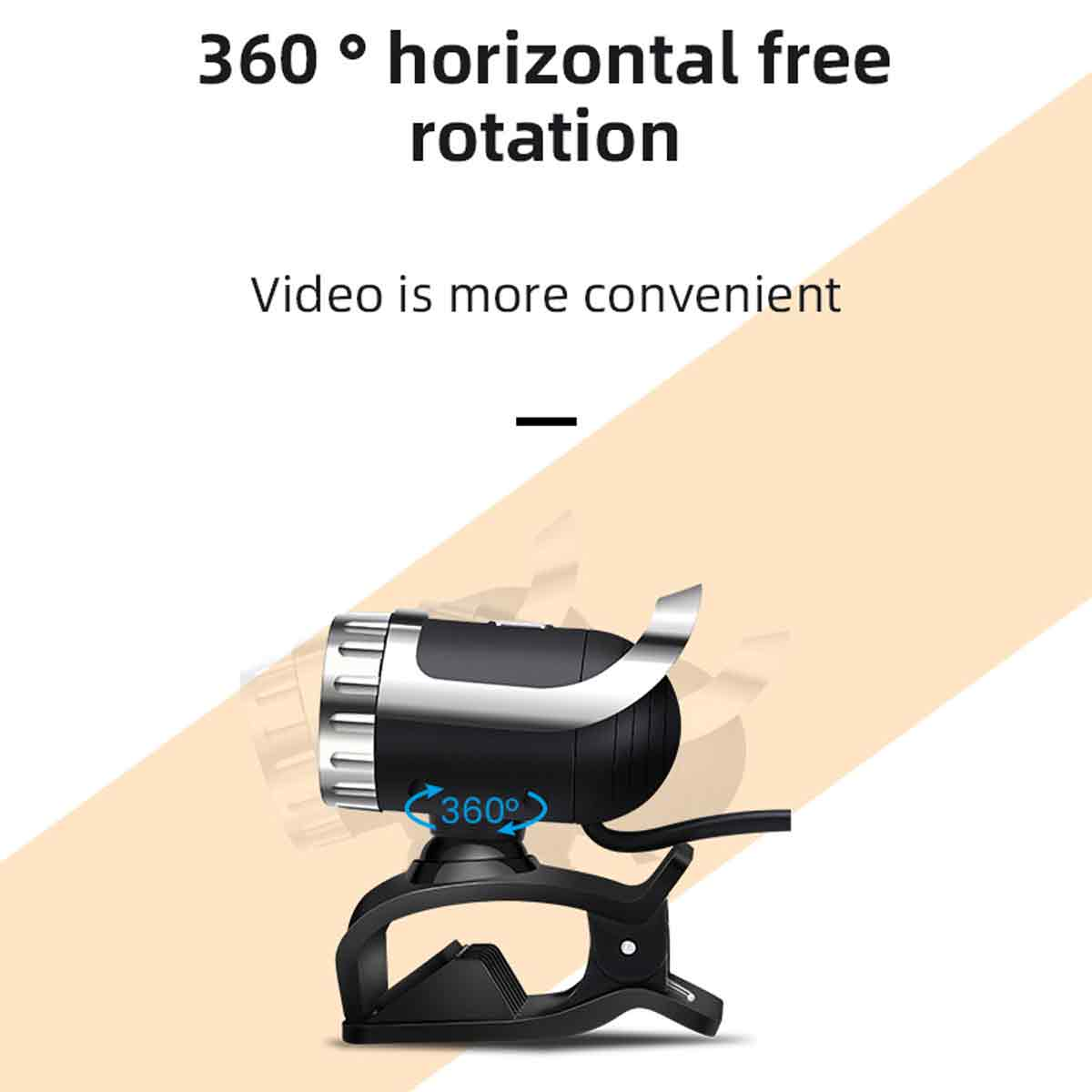 Eine Webcam mit 360-Grad-Drehung wird angezeigt. Der Text lautet 'horizontale freie Drehung' und 'Video ist bequemer'.