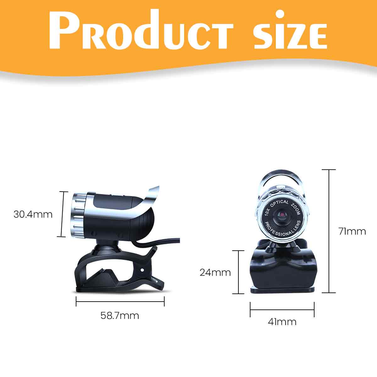 Produktgrößengrafik. Zwei Webcams mit Abmessungen. Text Produktgröße steht oben. Webcam links ist 58,7 mm breit.