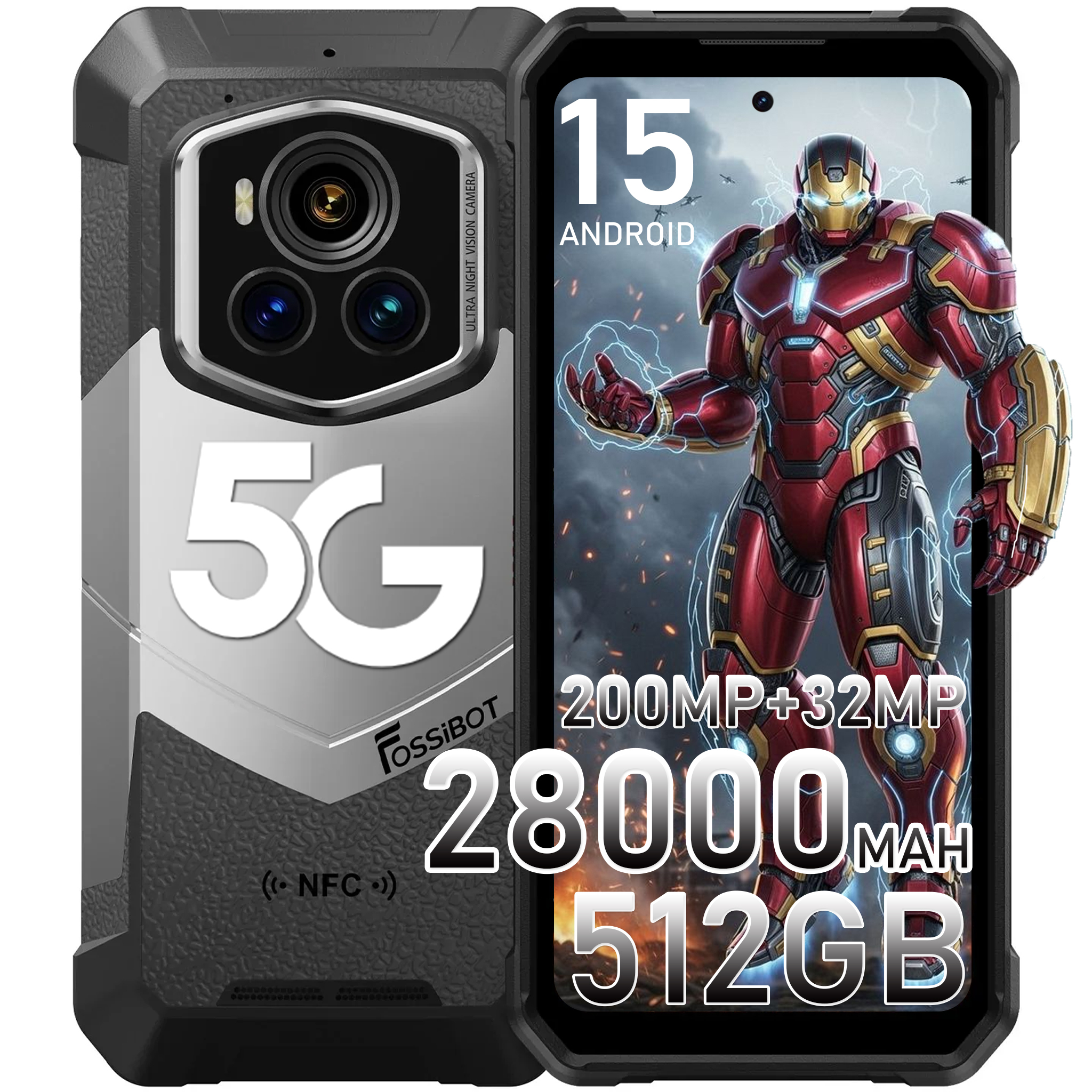 Uno smartphone robusto mostra Iron Man. Ha una tripla fotocamera, 5G e specifiche come 200MP+32MP, 28000mAh e 512GB.