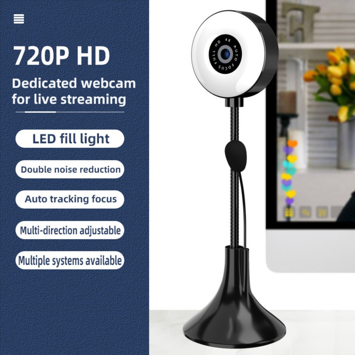 Webcam mit LED-Fülllicht, schwarzem Ständer und 720P HD. Merkmale sind Autofokus und Rauschunterdrückung. Ein Computerbildschirm ist im Hintergrund.