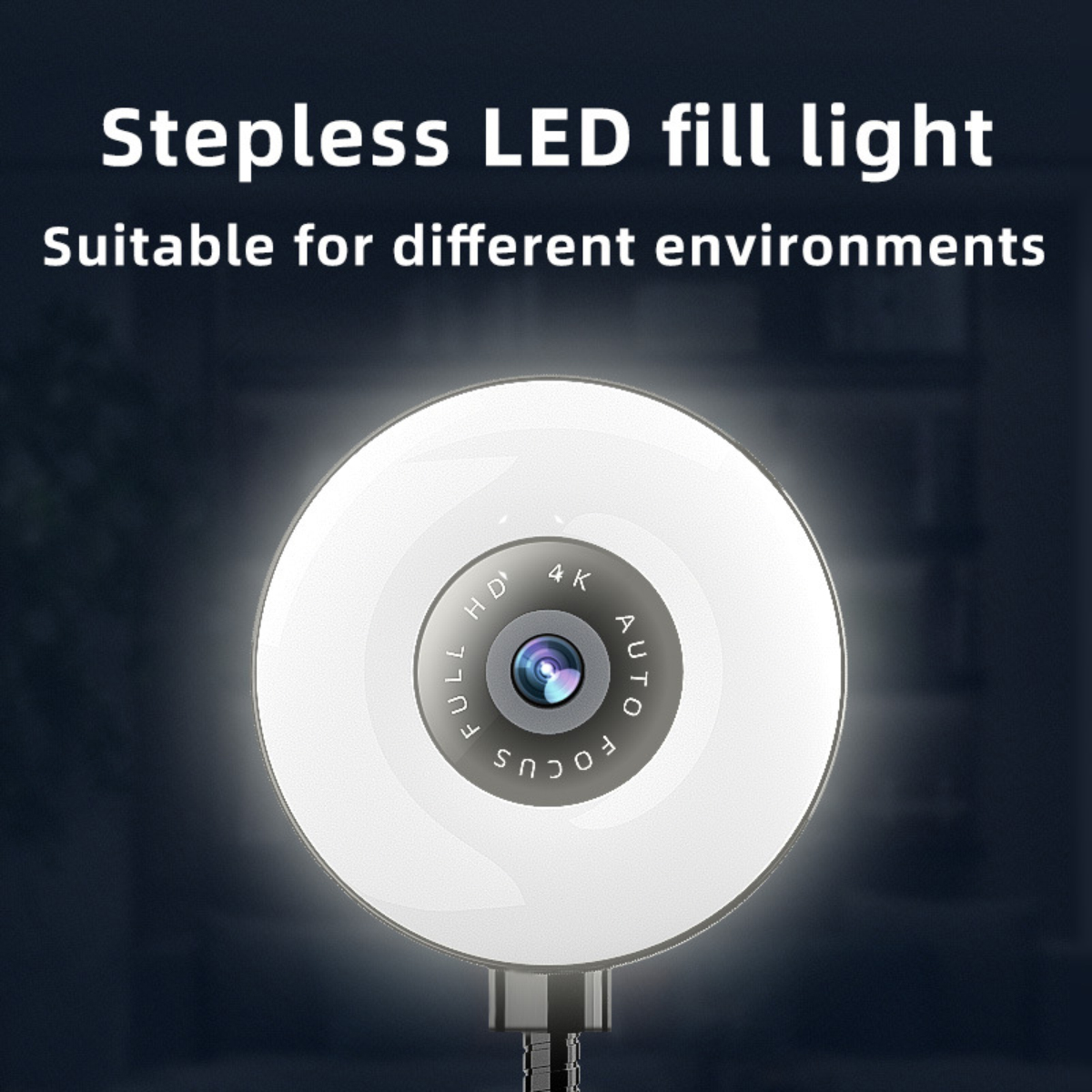 Weißes LED-Fülllicht mit einem Kameraobjektiv in der Mitte. Text: Stufenloses LED-Fülllicht. Geeignet für verschiedene Umgebungen.