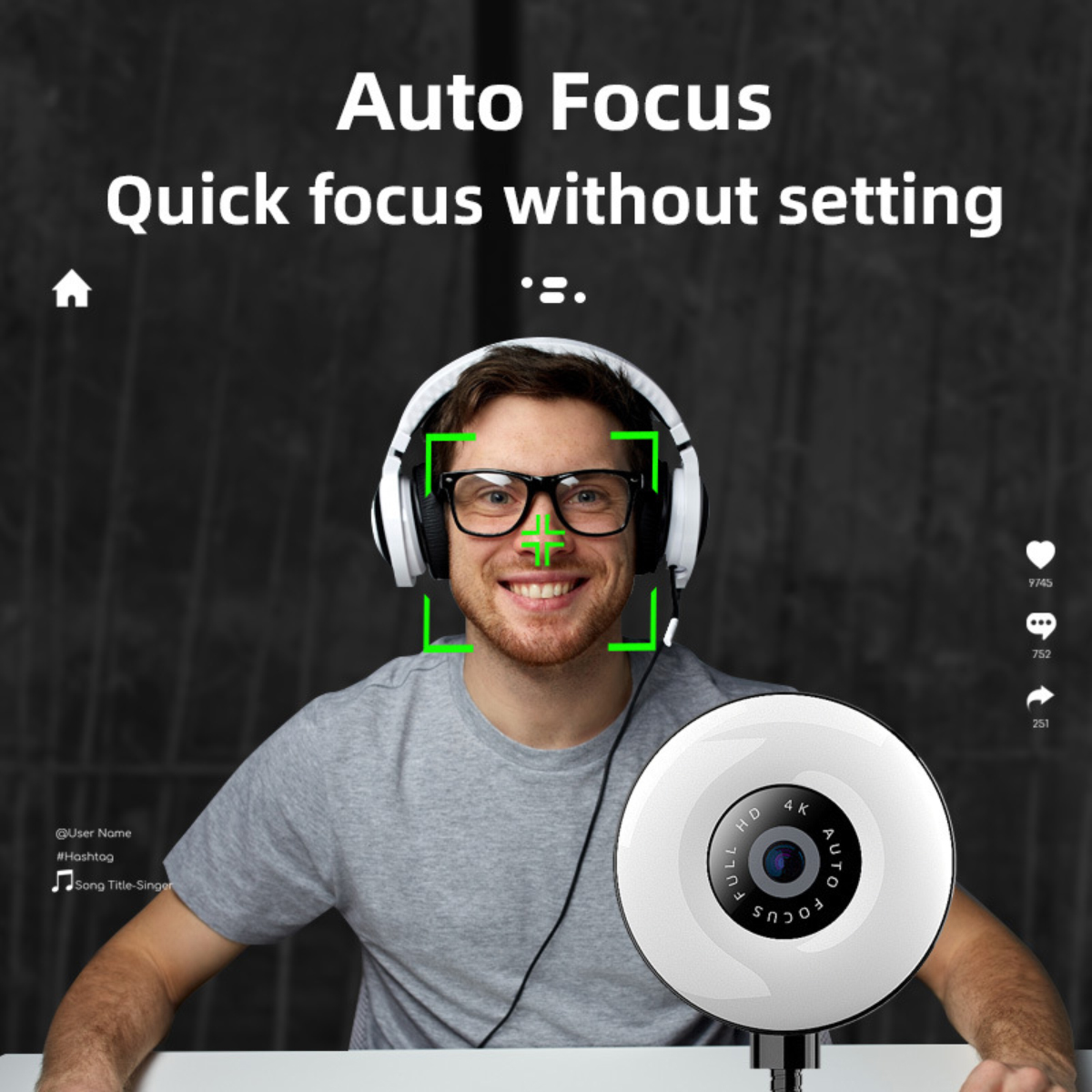 Ein Mann mit Brille und Kopfhörern lächelt, darunter eine Kamera. Text lautet 'Auto Focus' und Social-Media-Icons.