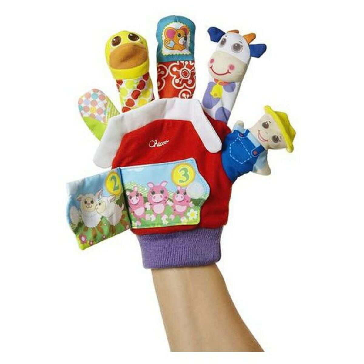 Una marioneta de mano con animales de granja. Hay marionetas de pato, vaca, cerdo y oveja en los dedos. Hay una marioneta de granjero al lado.